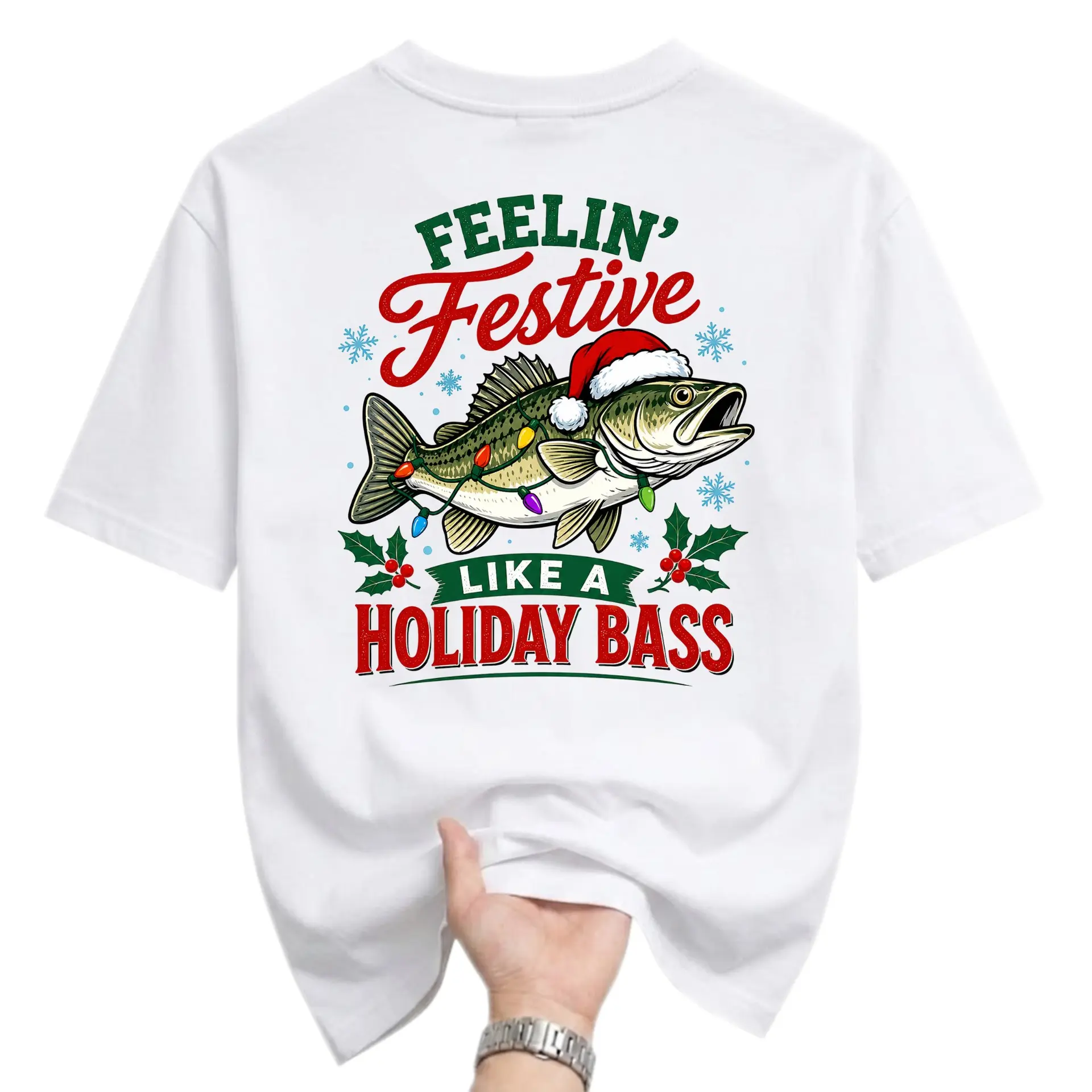 Funny Shirt Feelin Festive Like a Holiday Bass Graphic Printed Unisex Casual T-Shirt for Fishing Lovers Christmas