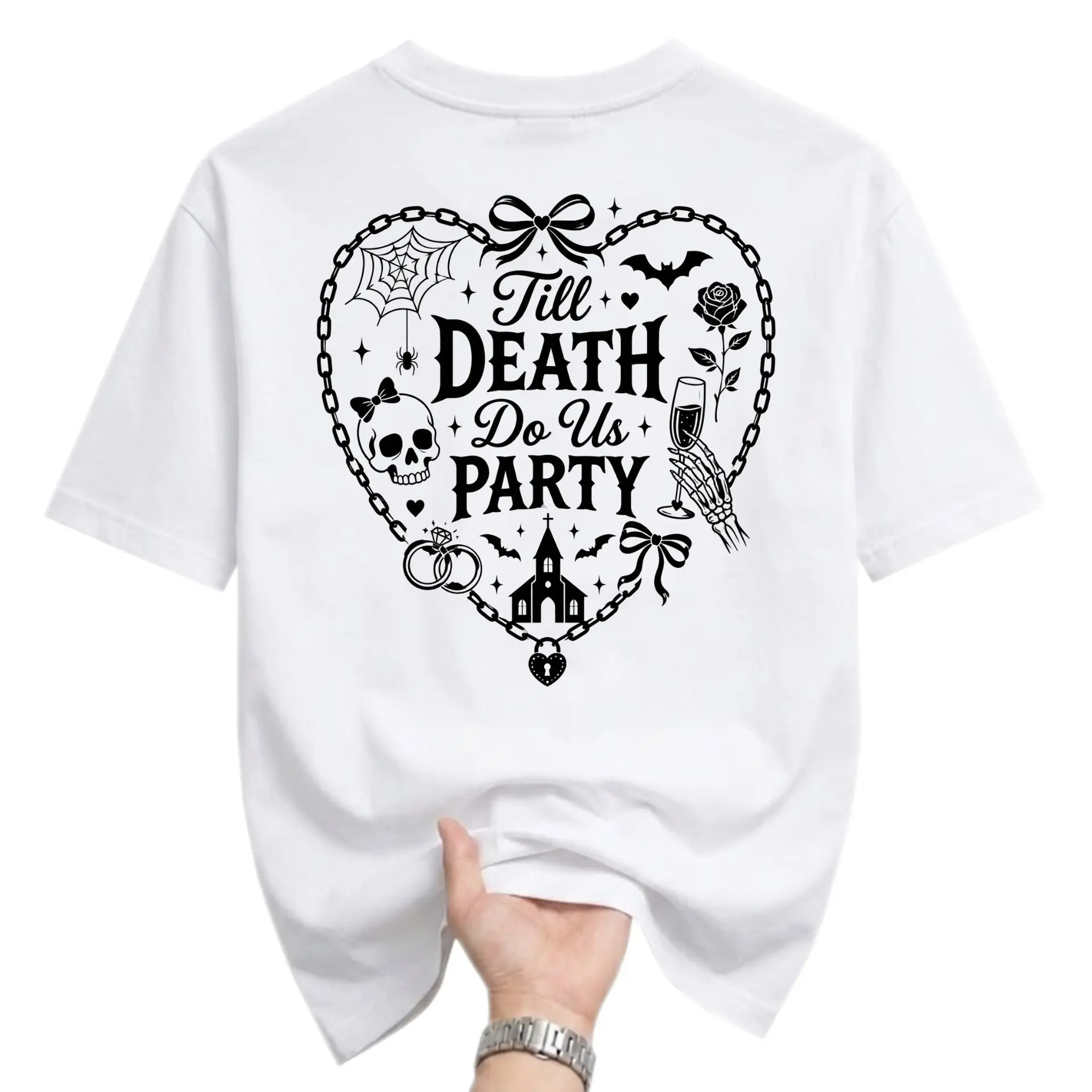 Funny Shirt Till Death Do Us Party Graphic Tee Unisex Casual Crew Neck Top Gothic Inspired Print Cotton Blend