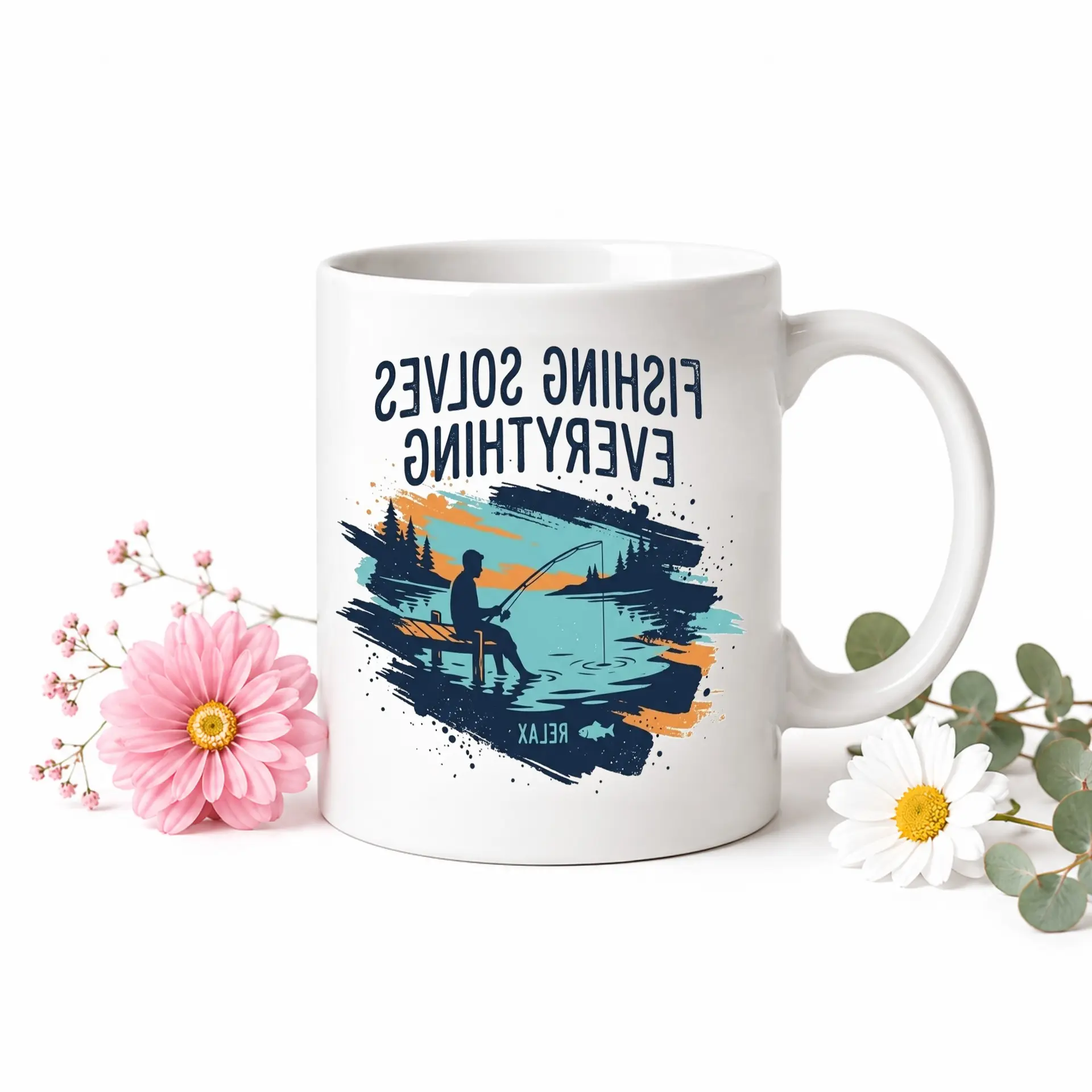 Fishing Solves Everything Two Ceramic Coffee Mug for Outdoor Enthusiasts and Nature Lovers Relaxing Beverage Cup