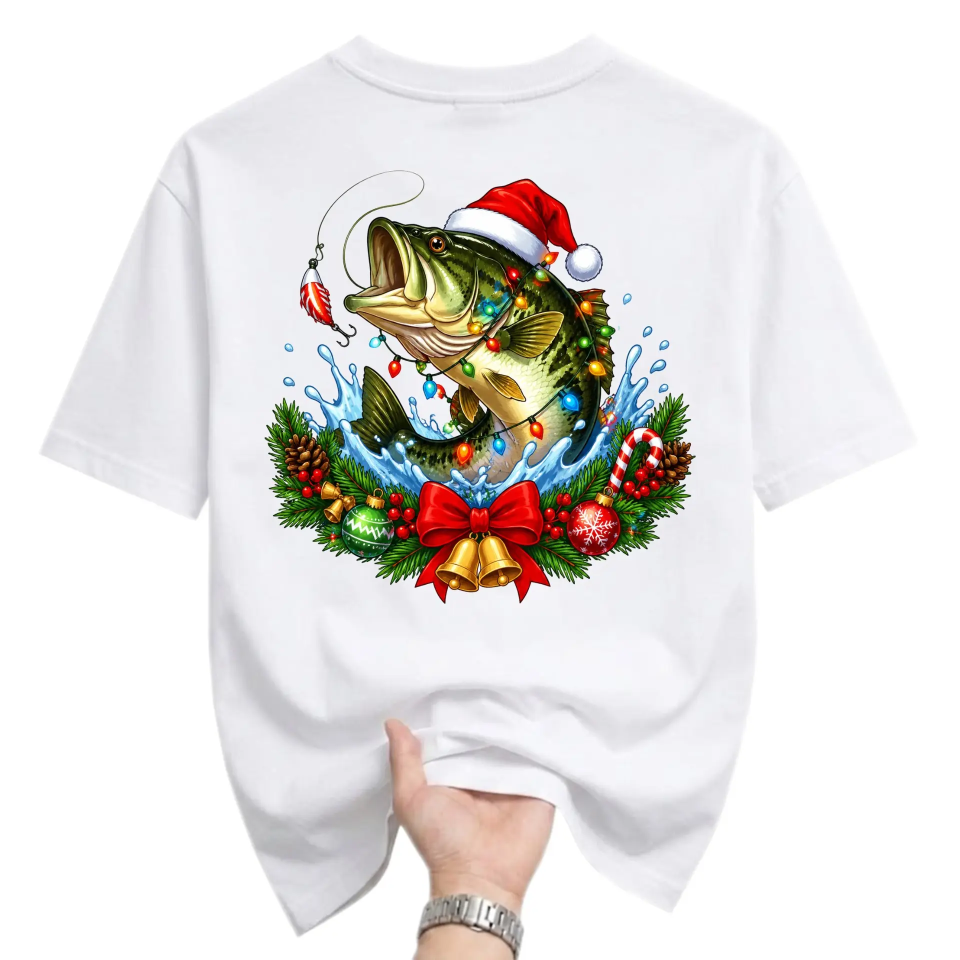 Funny Shirt Christmas Fishing Graphic Tee Holiday Season Crew Neck Unisex