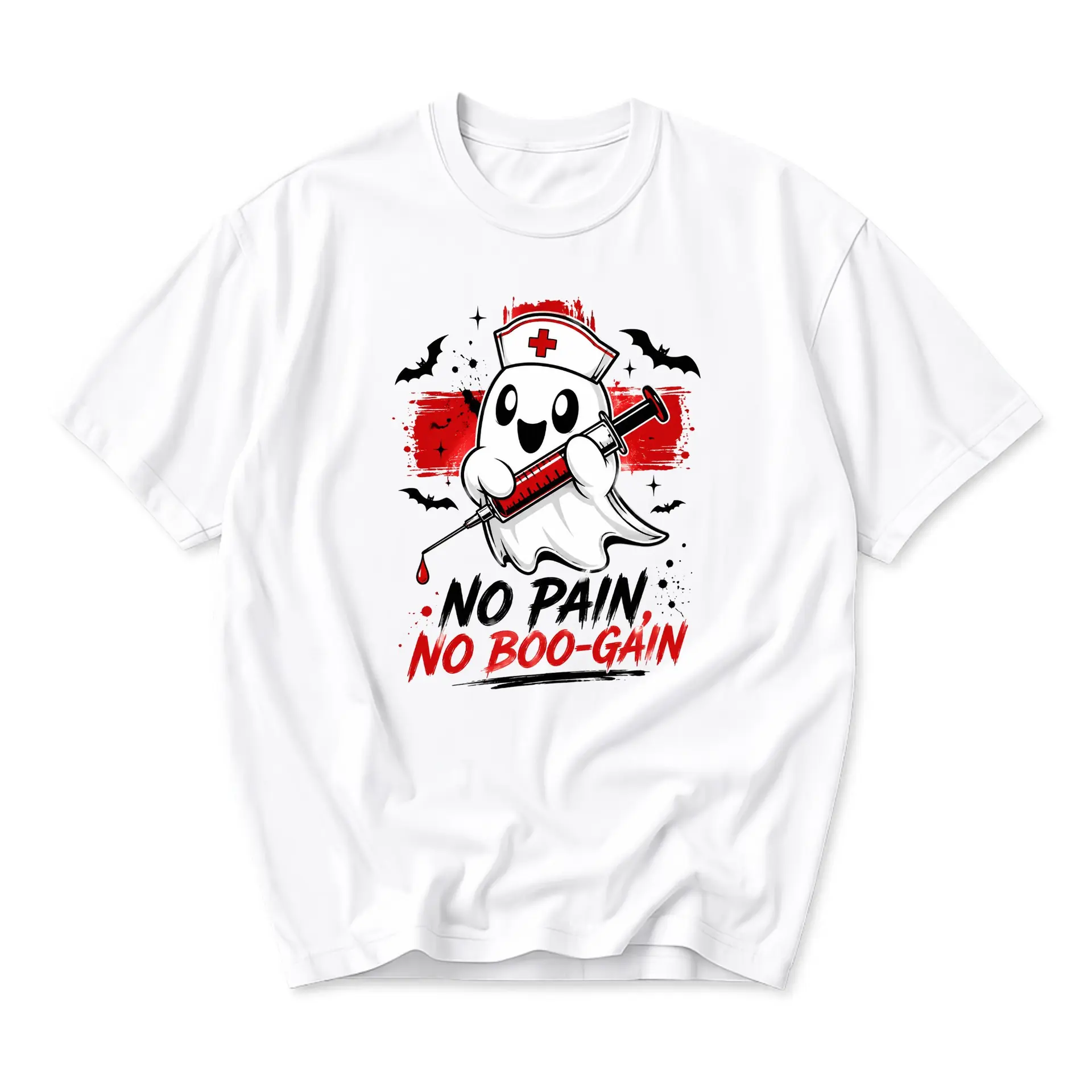 Funny Shirt No Pain No Boo Gain Nurse Ghost Graphic Tee Casual Unisex Crew Neck Short Sleeve Cotton Blend Top