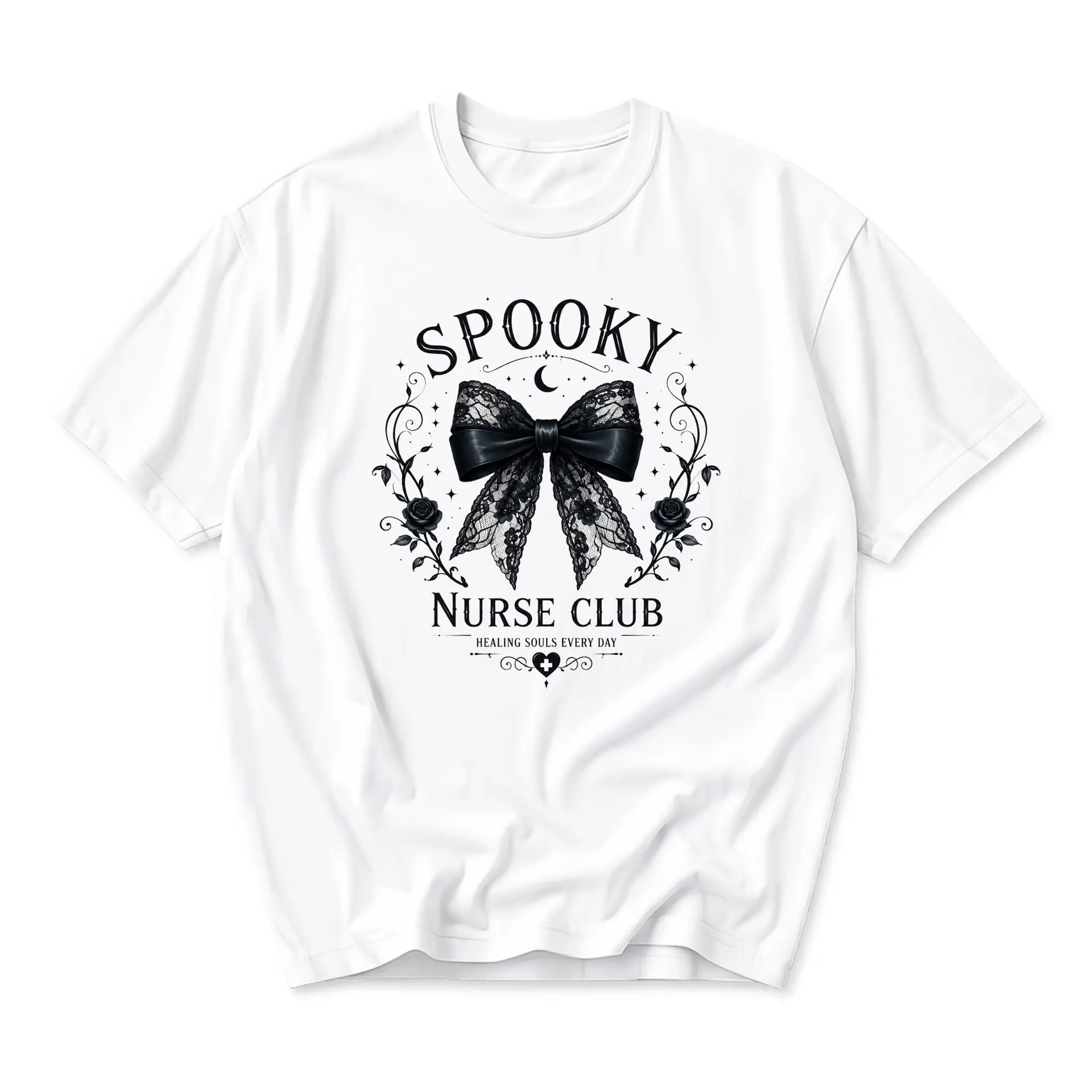 Graphic Tee Spooky Nurse Club Shirt Aesthetic Lace Bow Floral Casual Short Sleeve Unisex Cotton Crew Neck Top
