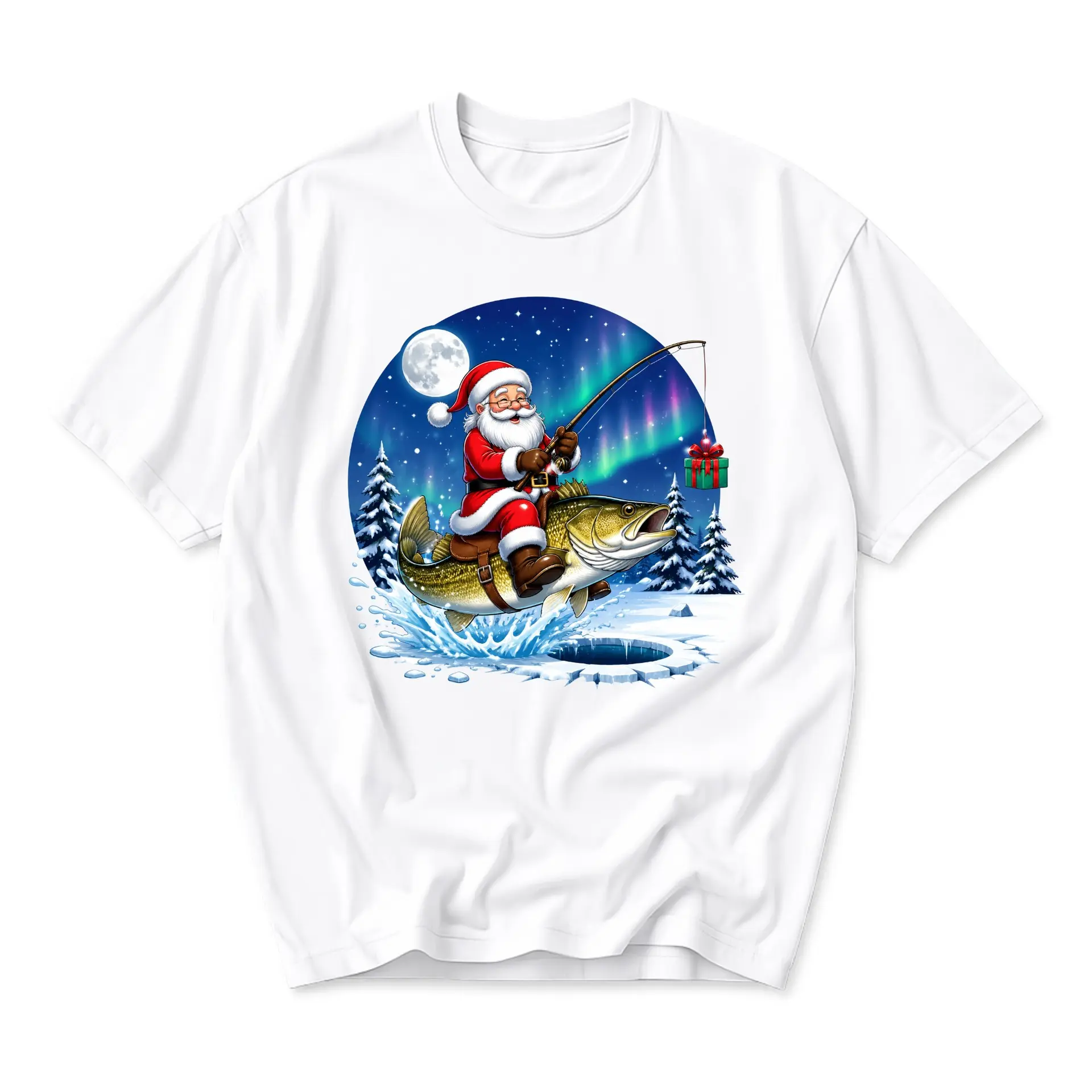 Funny Shirt Christmas Fishing Santa Claus Graphic Tee Unisex Casual Apparel for Holiday Season Lovers