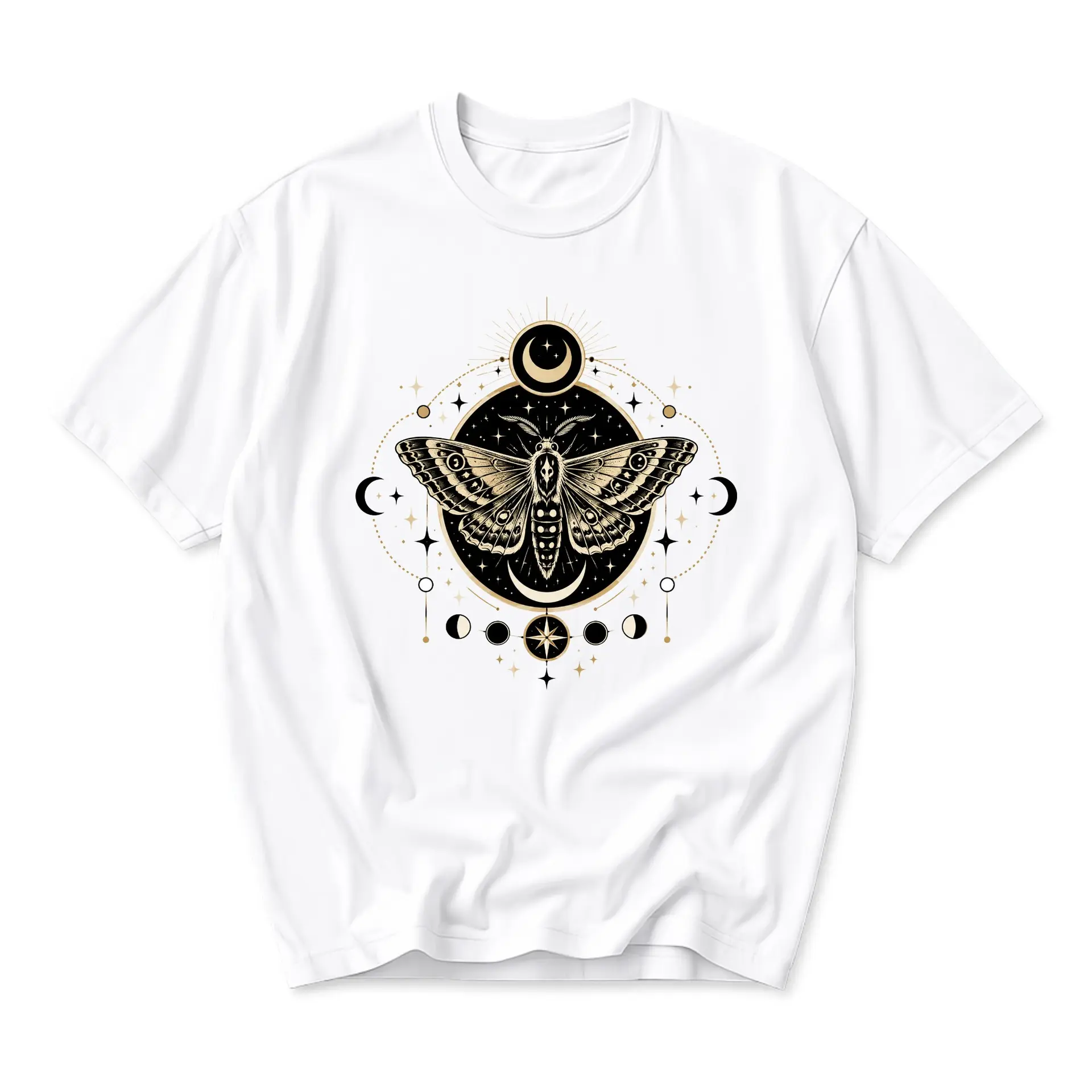 T-shirt Celestial Moth Graphic Tee Occult Mystic Moon Star Print White Unisex Cotton Crew Neck Short Sleeve Top