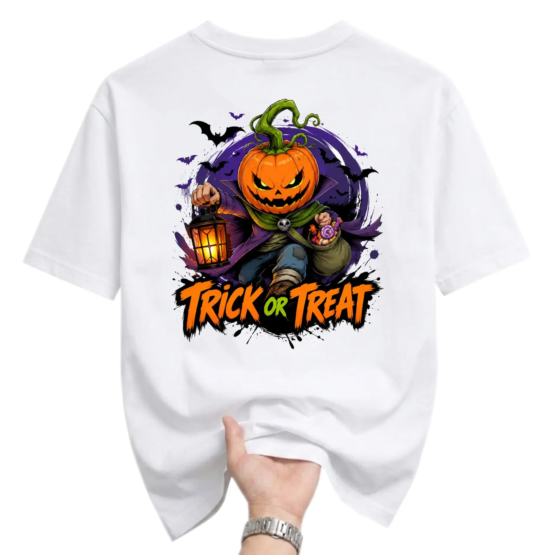 Graphic Tee Trick or Treat Pumpkin Character Unisex Shirt Halloween Holiday Apparel Casual Crew Neck Cotton Top