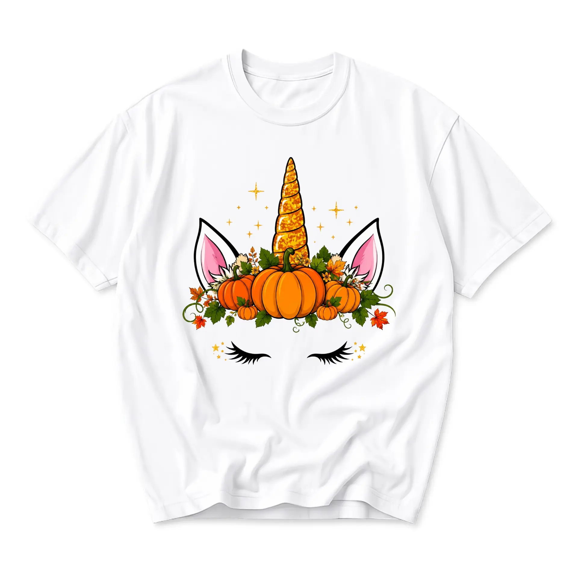 Graphic Tee Pumpkin Unicorn Face Fall Aesthetic Unisex Crew Neck Short Sleeve Casual Cotton Blend Shirt