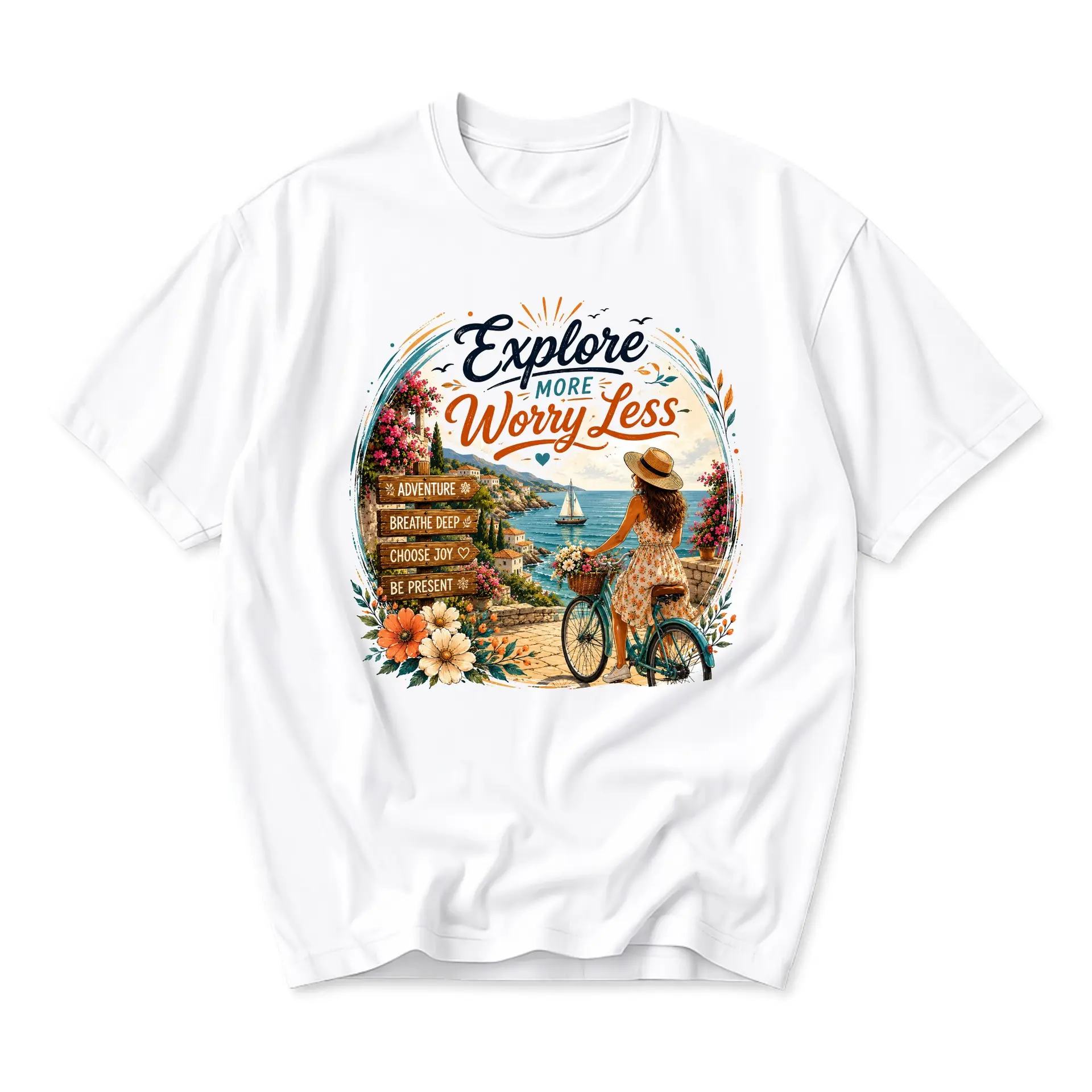 Graphic Tee Explore More Worry Less Adventure Nature Inspirational Quote Unisex Casual Short Sleeve Crew Neck Shirt