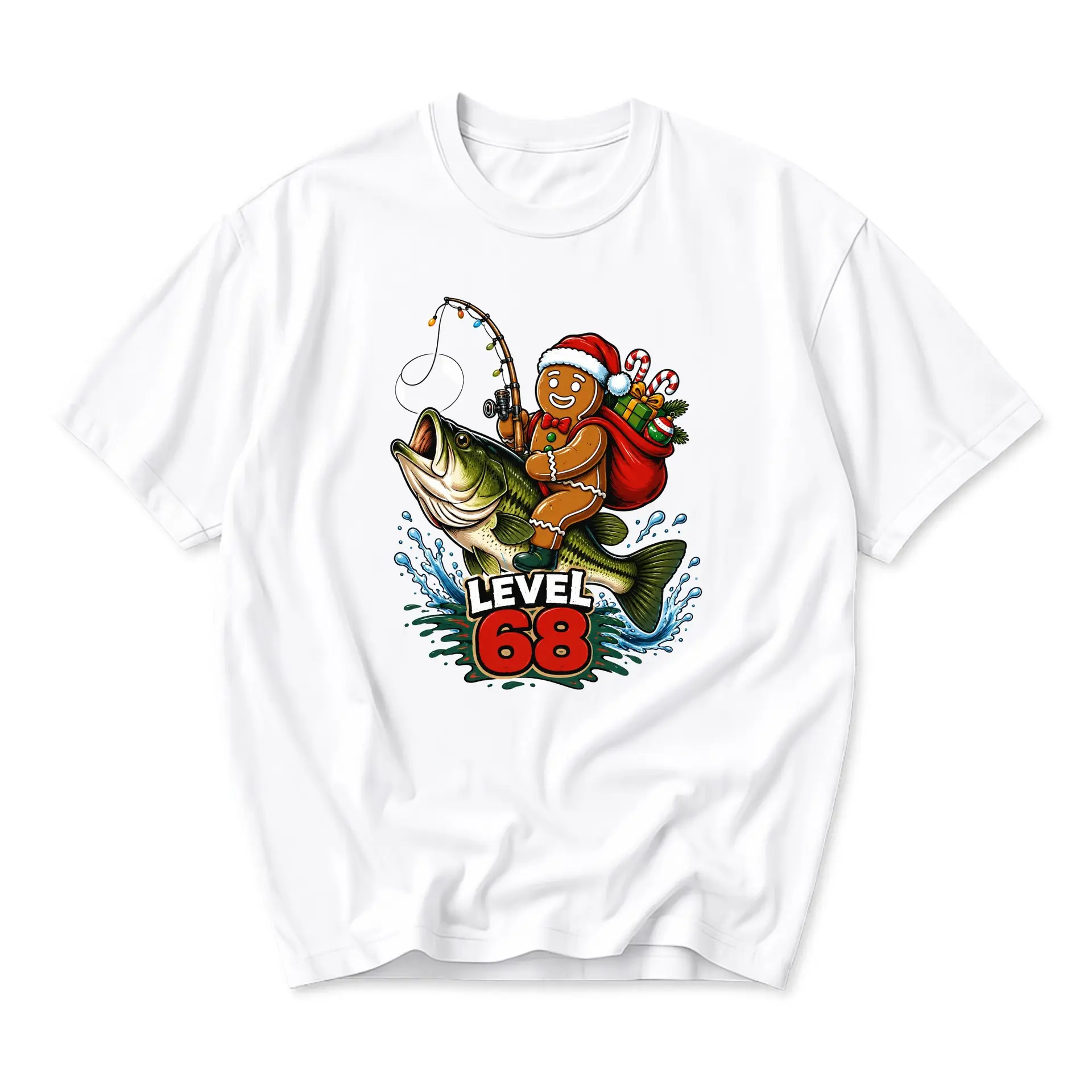 Funny Shirt 68 Gingerbread Man Fishing Graphic Tee Holiday Unisex Crew Neck Casual Everyday Apparel White