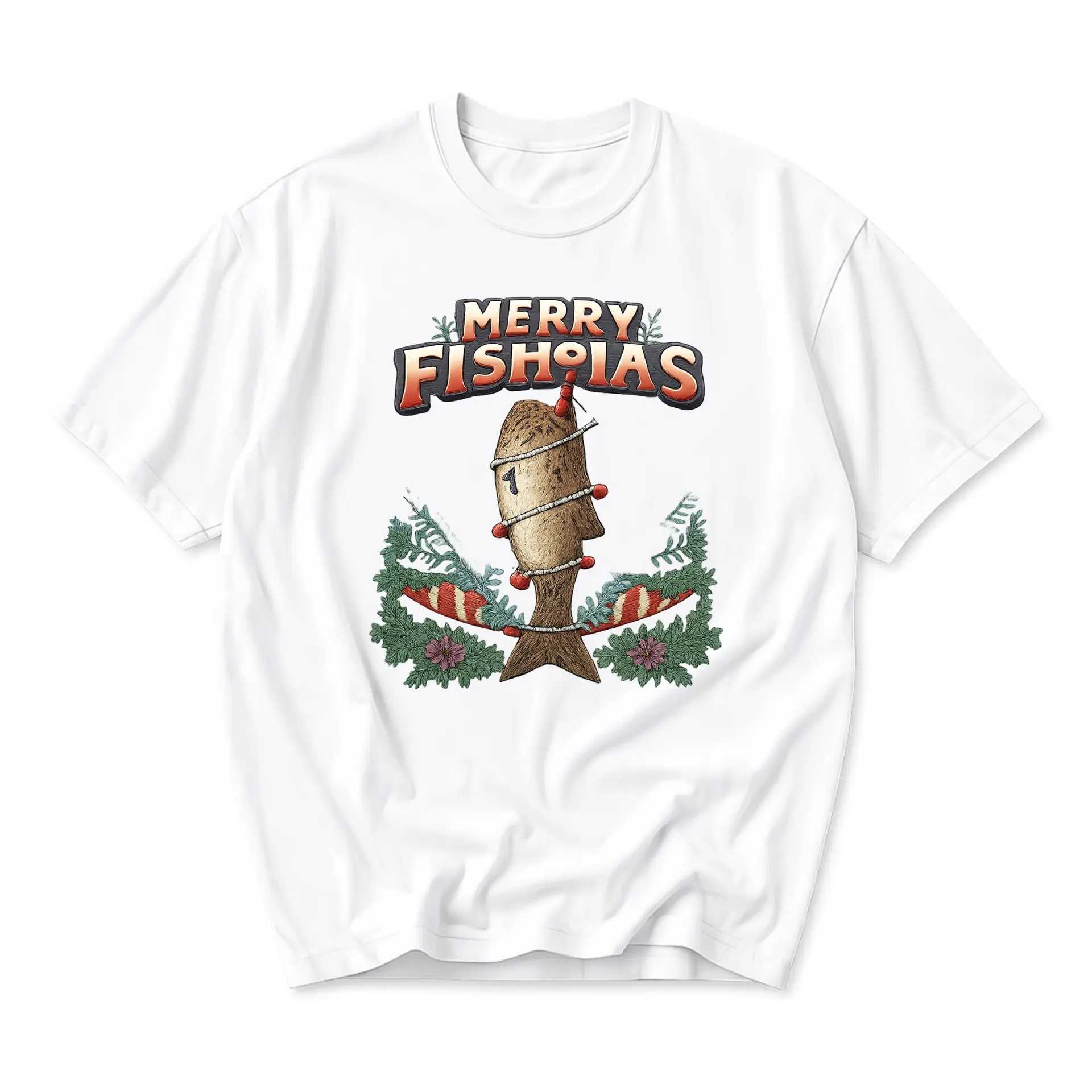 Funny Shirt Merry Fishmas Holiday Fishing Graphic Tee Unisex Cotton Crew Neck Casual Short Sleeve Apparel White Top