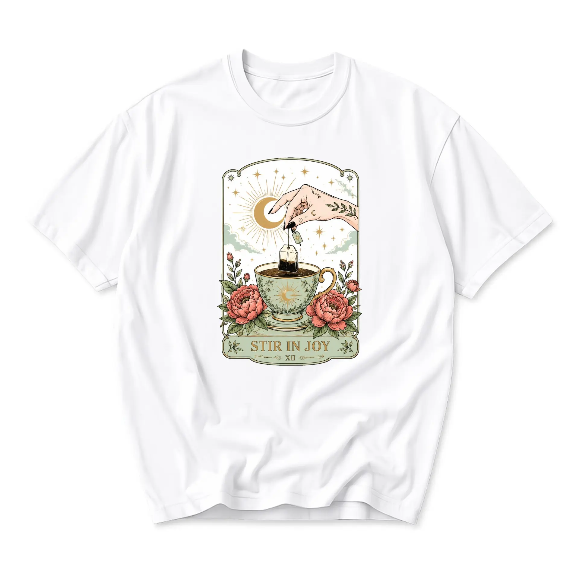 Graphic Tee Stir in Joy Tarot Style Illustration Casual Cotton Blend Unisex Crew Neck Short Sleeve Shirt White