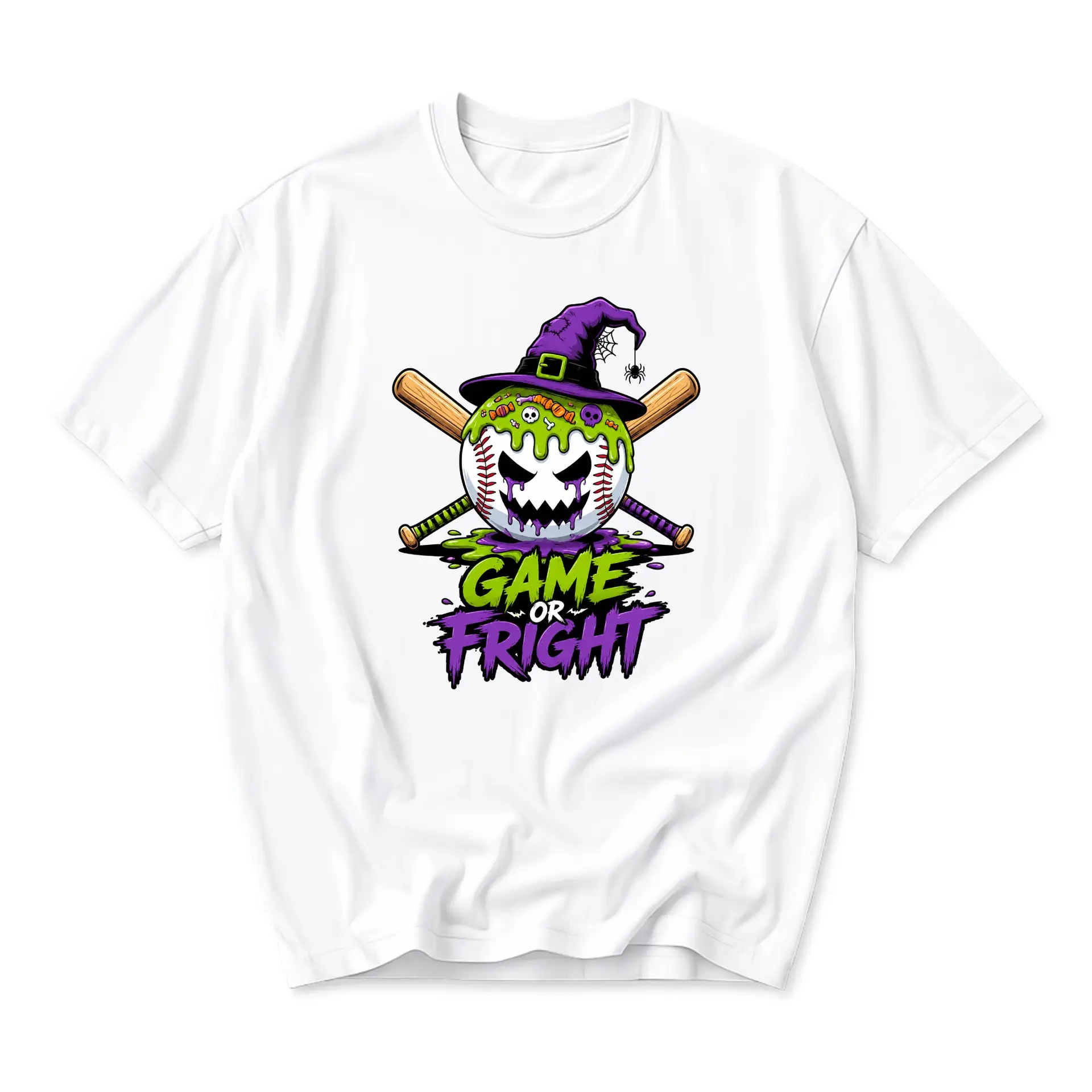 Funny Shirt Game or Fright Baseball Halloween Unisex Graphic Printed T-Shirt Casual Everyday Short Sleeve Cotton Top