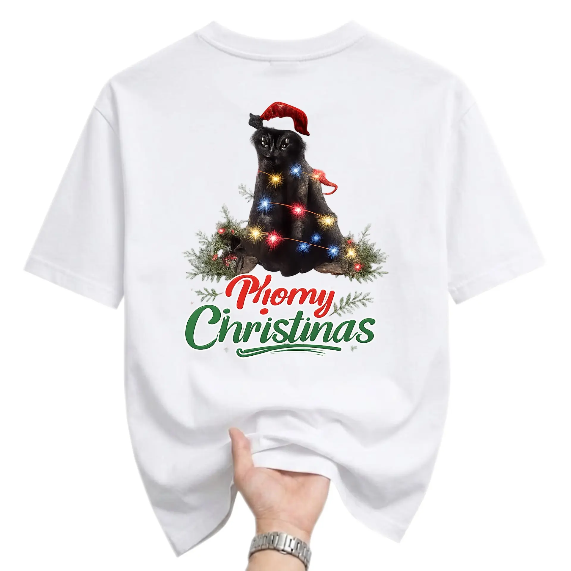 Funny Shirt Unisex Graphic Printed T-Shirt Featuring a Black Cat Wrapped in Christmas Lights for Holiday Casual Wear