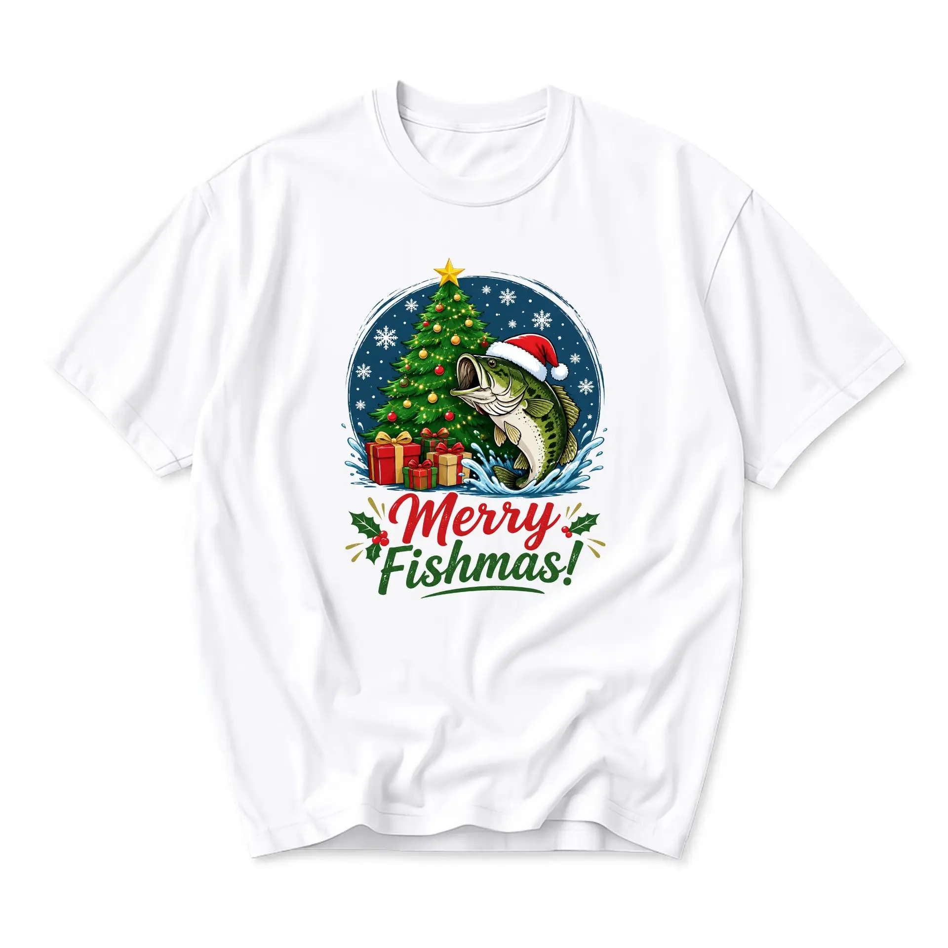 Funny Shirt Merry Fishmas Fishing Christmas Graphic Tee Holiday Unisex Casual Crew Neck Soft Cotton Apparel