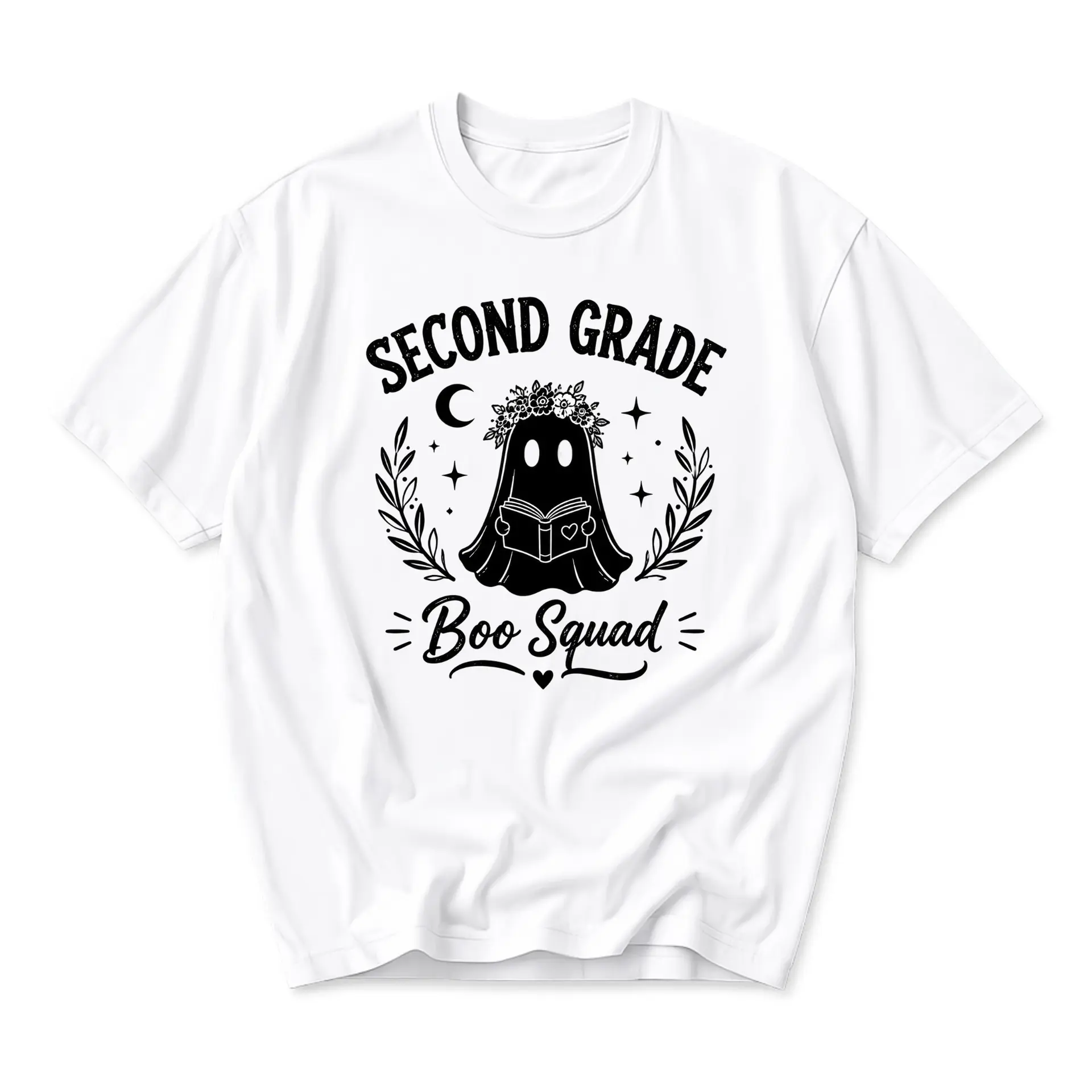 Graphic Tee Second Grade Boo Squad Unisex T-Shirt Reading Ghost Design Short Sleeve Everyday Casual Apparel White