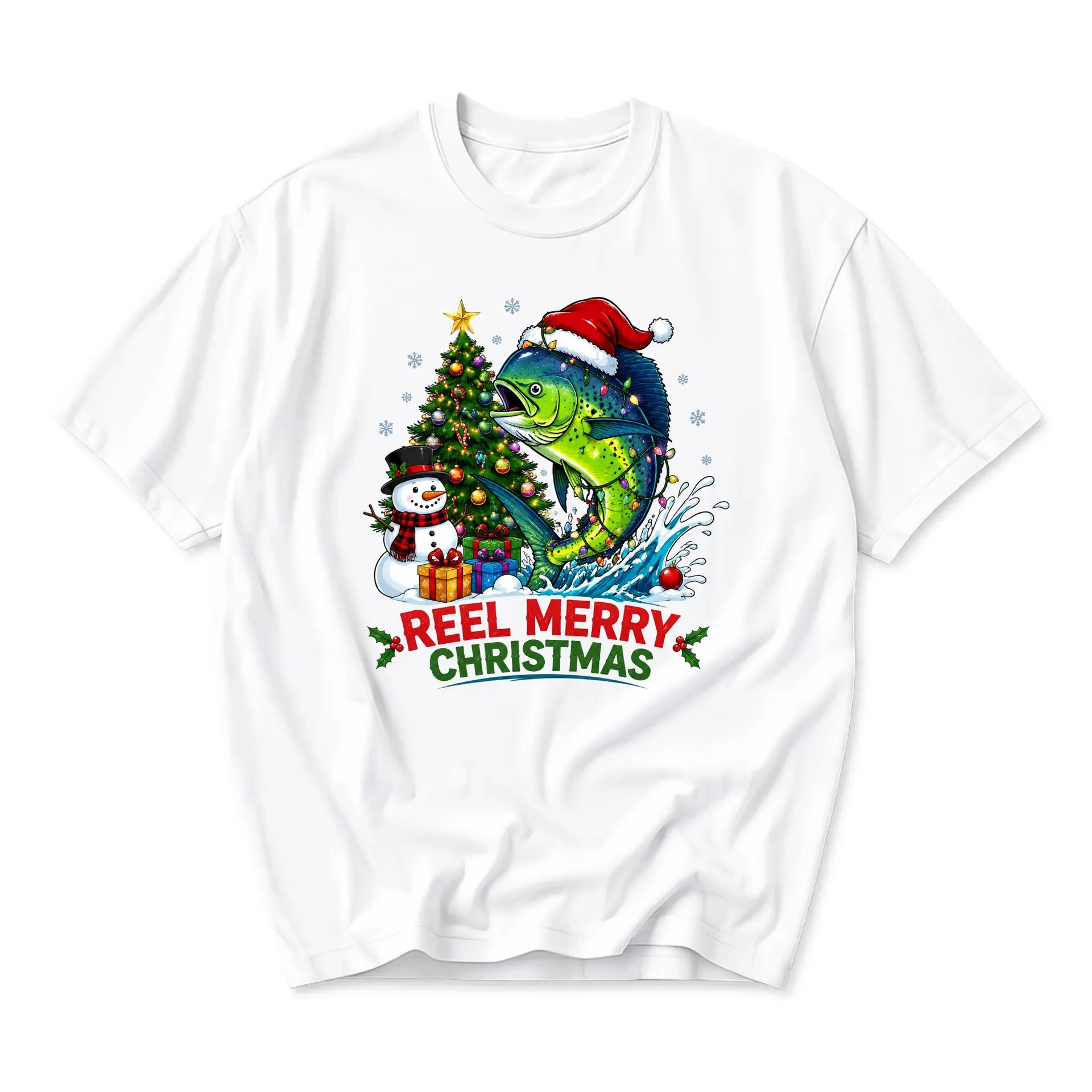 Funny Shirt Reel Merry Christmas Fishing Graphic Tee Holiday Unisex Crew Neck Casual Cotton Blend Apparel White