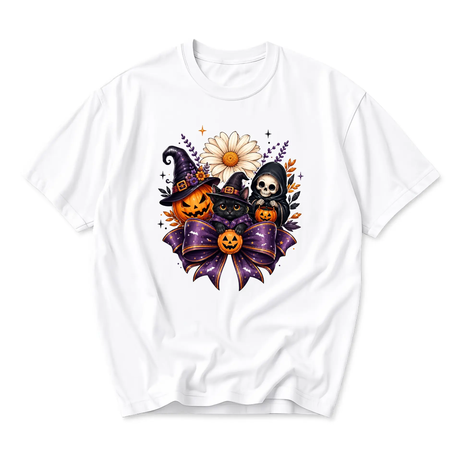 Graphic Tee Unisex Halloween Spooky Cat and Skeleton Illustration Casual Crew Neck Cotton Blend Soft White T-Shirt