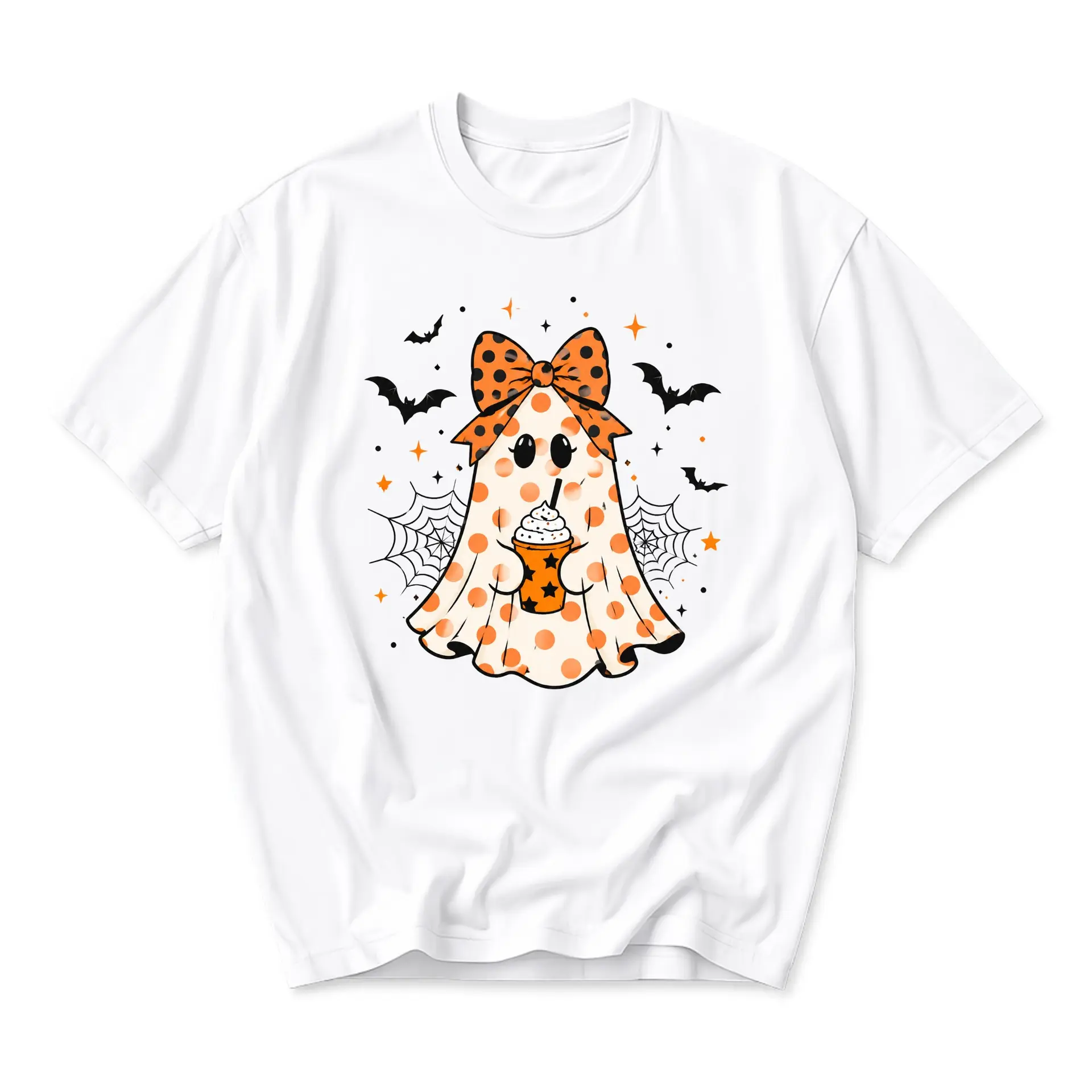 Graphic Tee Unisex Crew Neck Short Sleeve Shirt Featuring a Cute Polka Dot Ghost with a Coffee Cup Design White