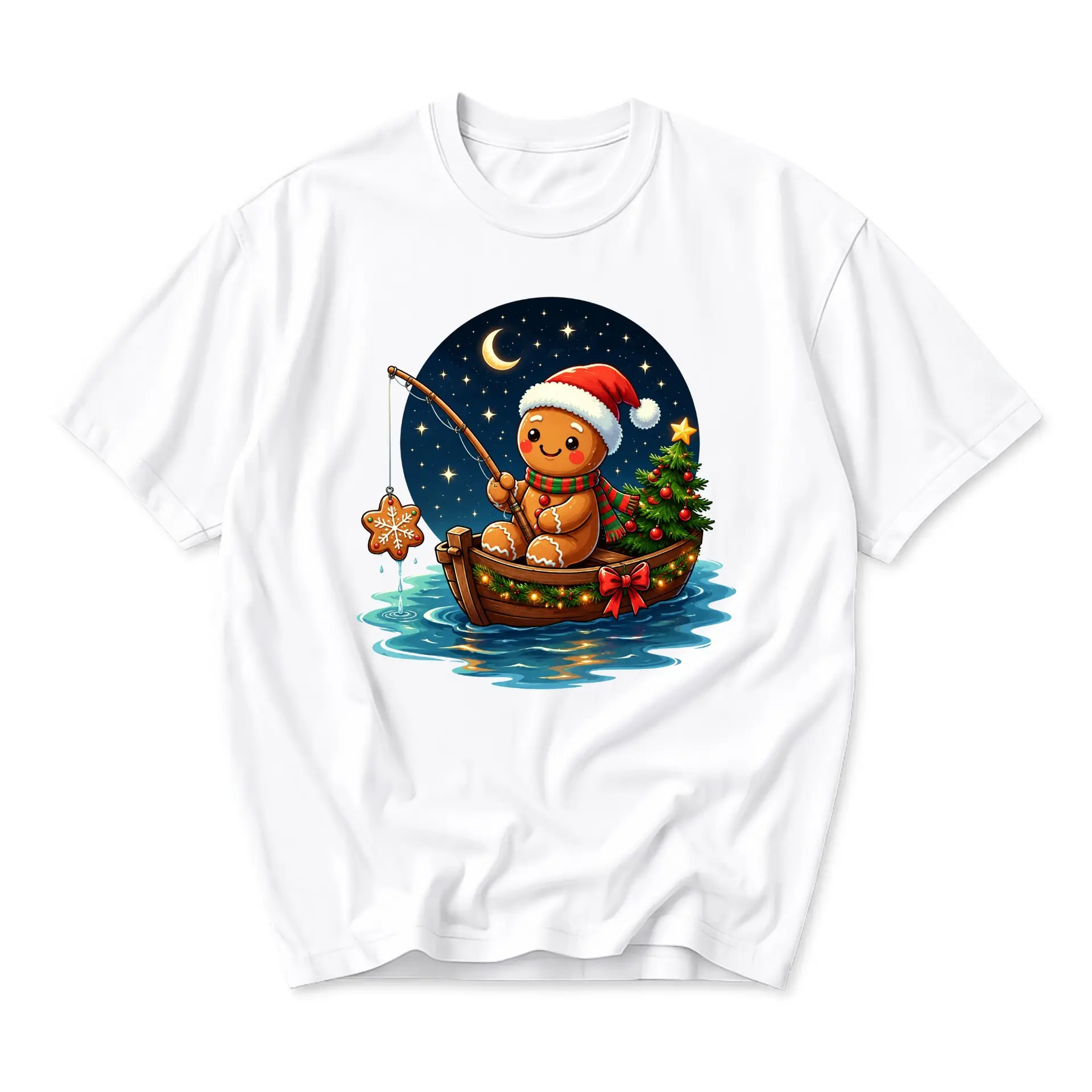 T-shirt Gingerbread Man Fishing Holiday Graphic Tee Unisex Short Sleeve