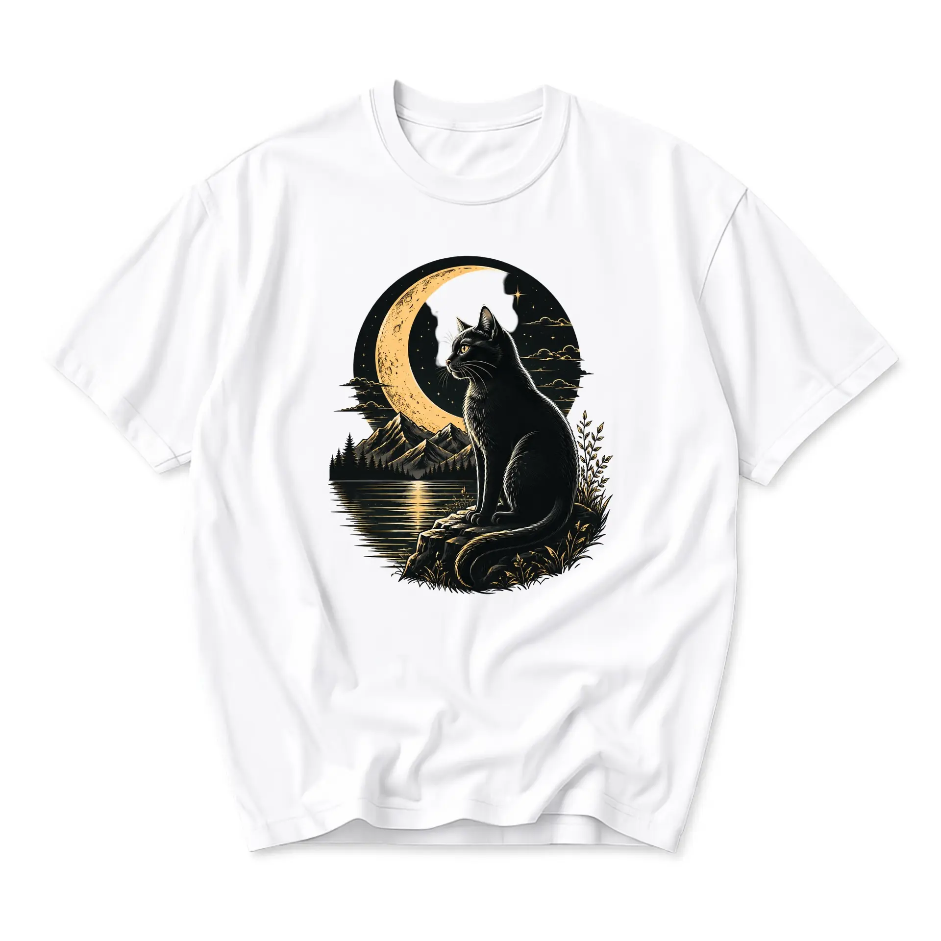 Graphic Tee Black Cat Sitting under Crescent Moon Night Landscape Unisex Casual Short Sleeve Crew Neck Cotton Shirt