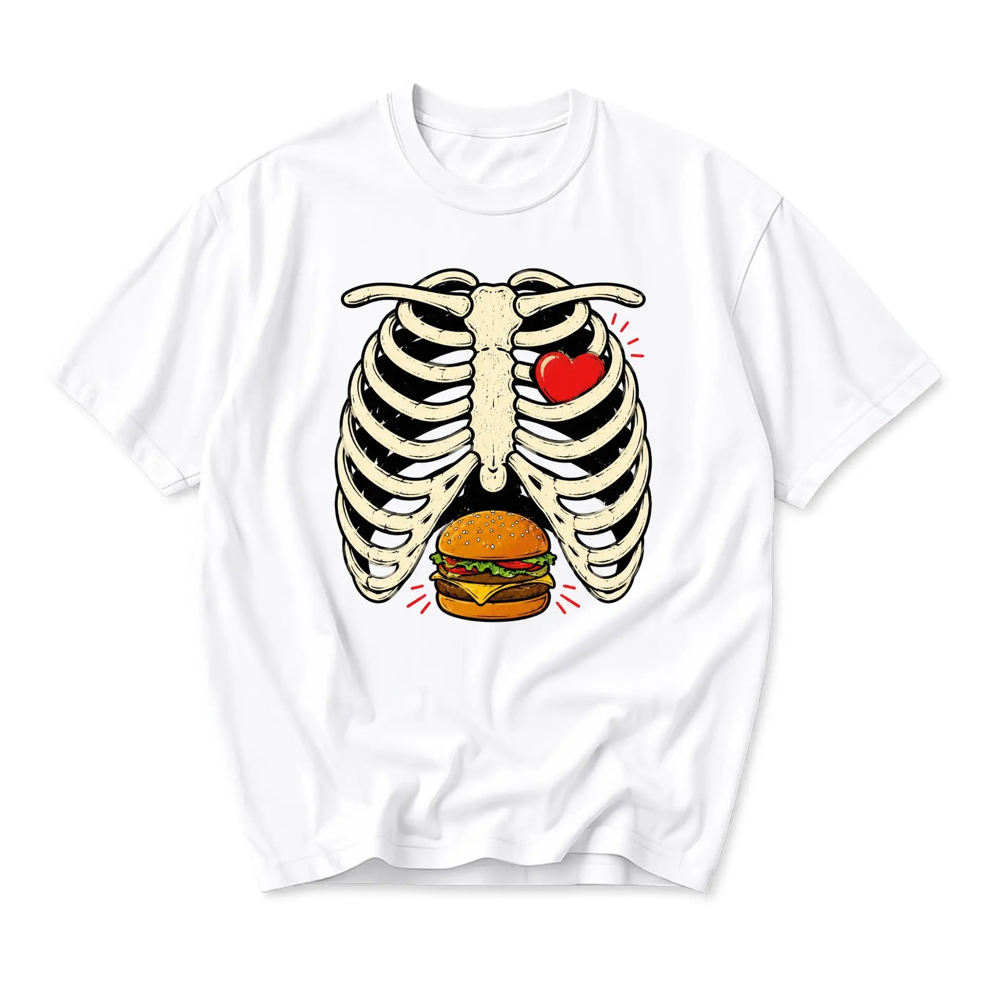 Graphic Tee Unisex Crew Neck Short Sleeve Shirt Featuring Anatomical Rib Cage Heart and Hamburger Design for Casual Wear
