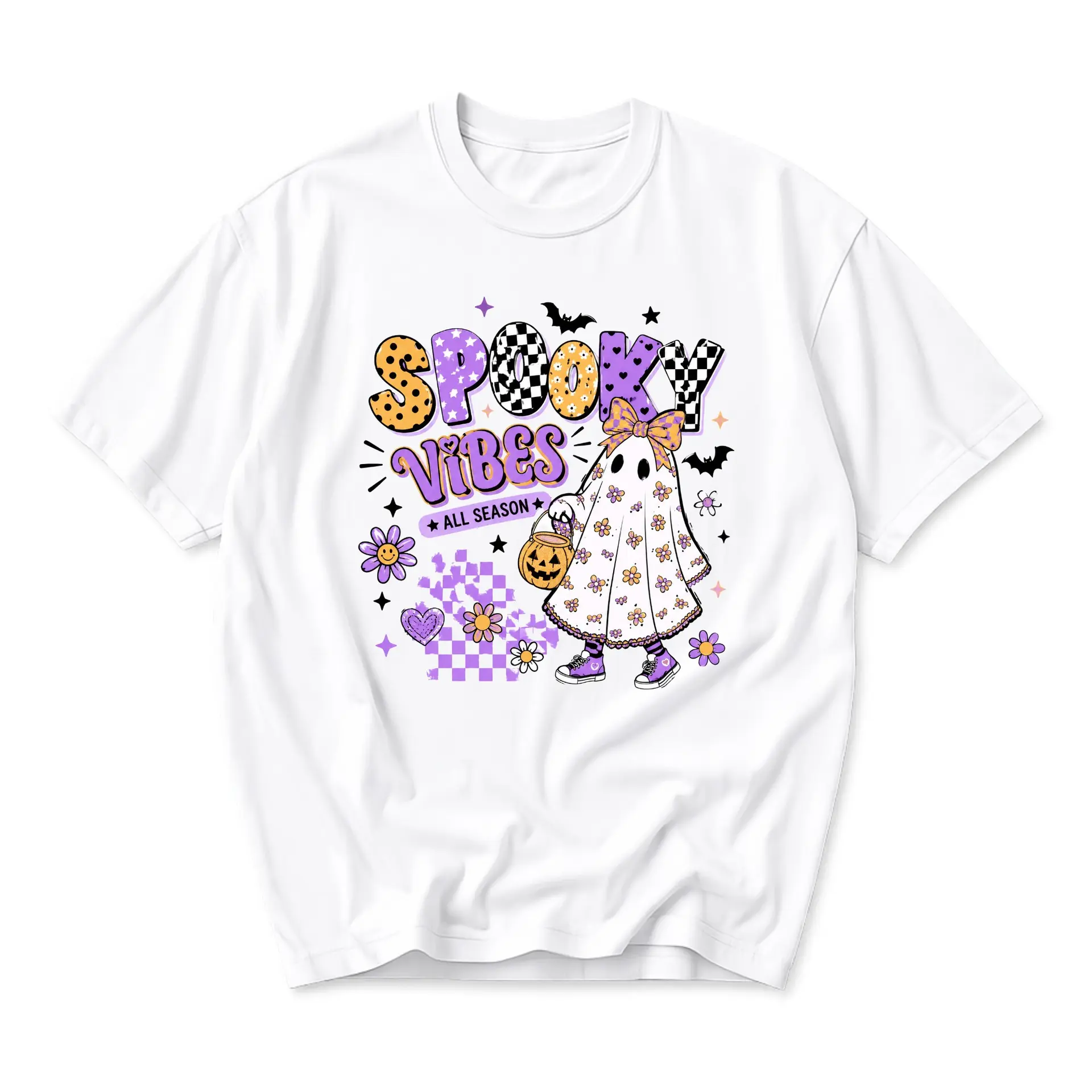 Graphic Tee Spooky Vibes All Season Ghost Print Shirt Unisex Casual Crew Neck Short Sleeve Cotton Blend Top