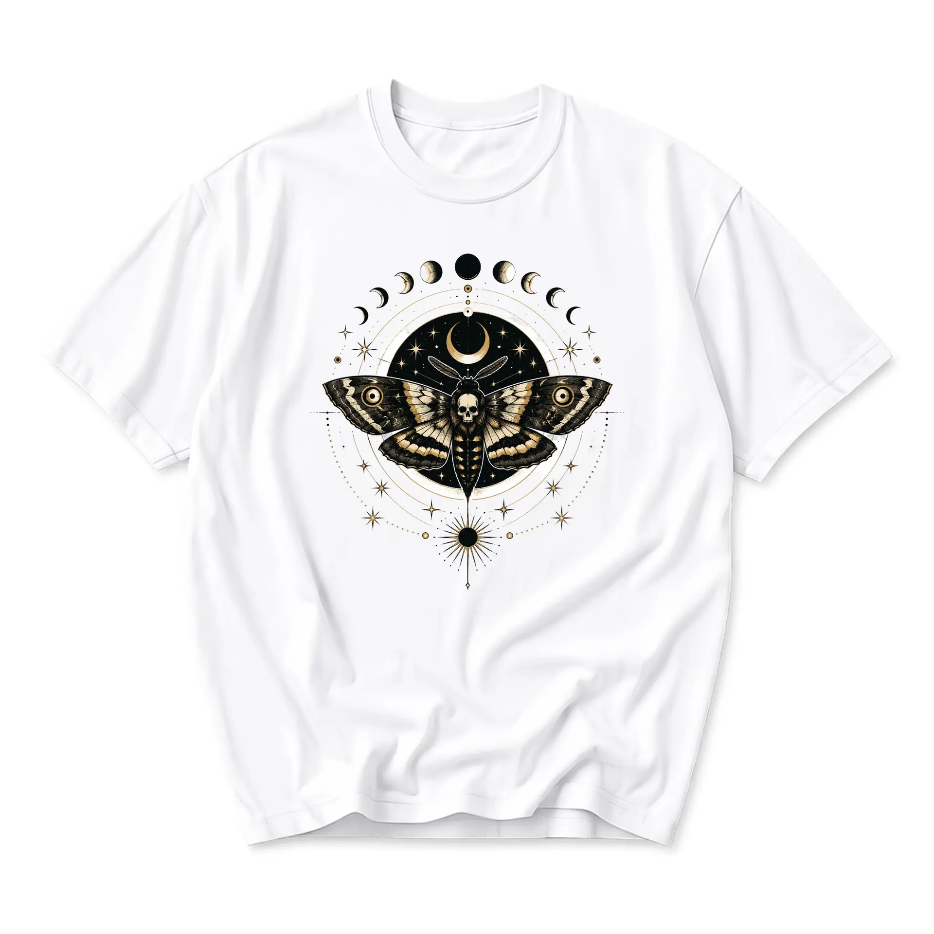 Graphic Tee Unisex Celestial Moth Skull T-Shirt Mystical Lunar Phases Short Sleeve Casual Cotton Blend Apparel