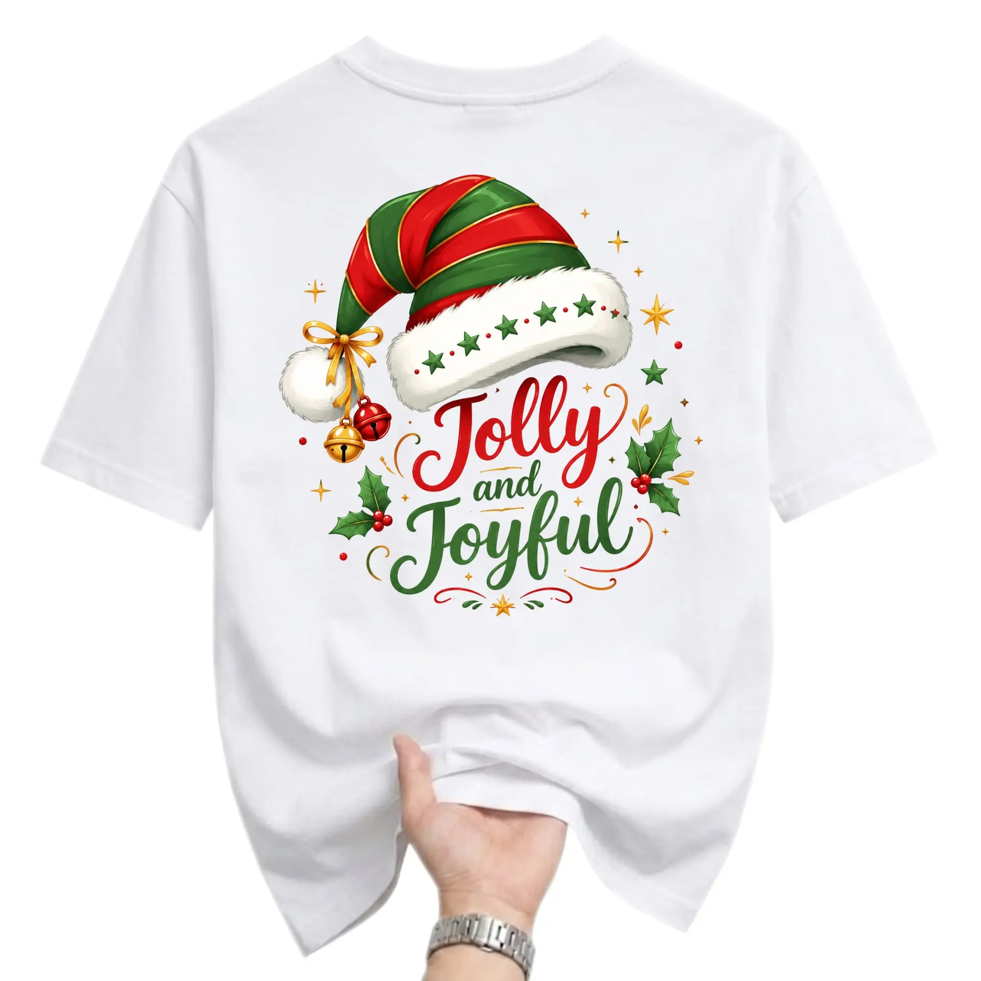 Graphic Tee Jolly and Joyful Christmas Holiday Shirt Seasonal Unisex Crew Neck Casual Cotton Blend Apparel White