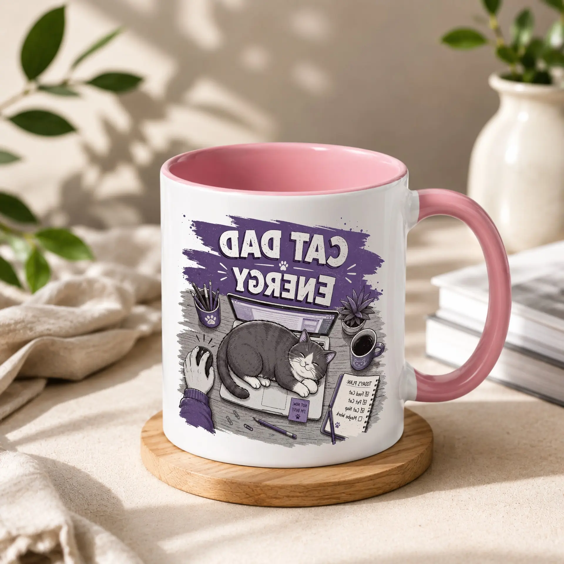 Funny Cat Dad Energy Coffee Mug with Cute Pet Illustration and Blue Handle for Lovers Office Desk Decor
