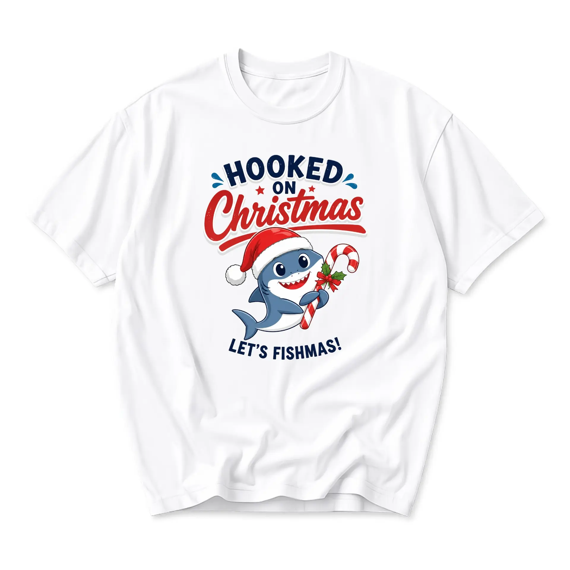 Funny Shirt on Christmas Let's Fishmas Shark Graphic Tee Holiday Sea Life Novelty Unisex Crew Neck T-Shirt