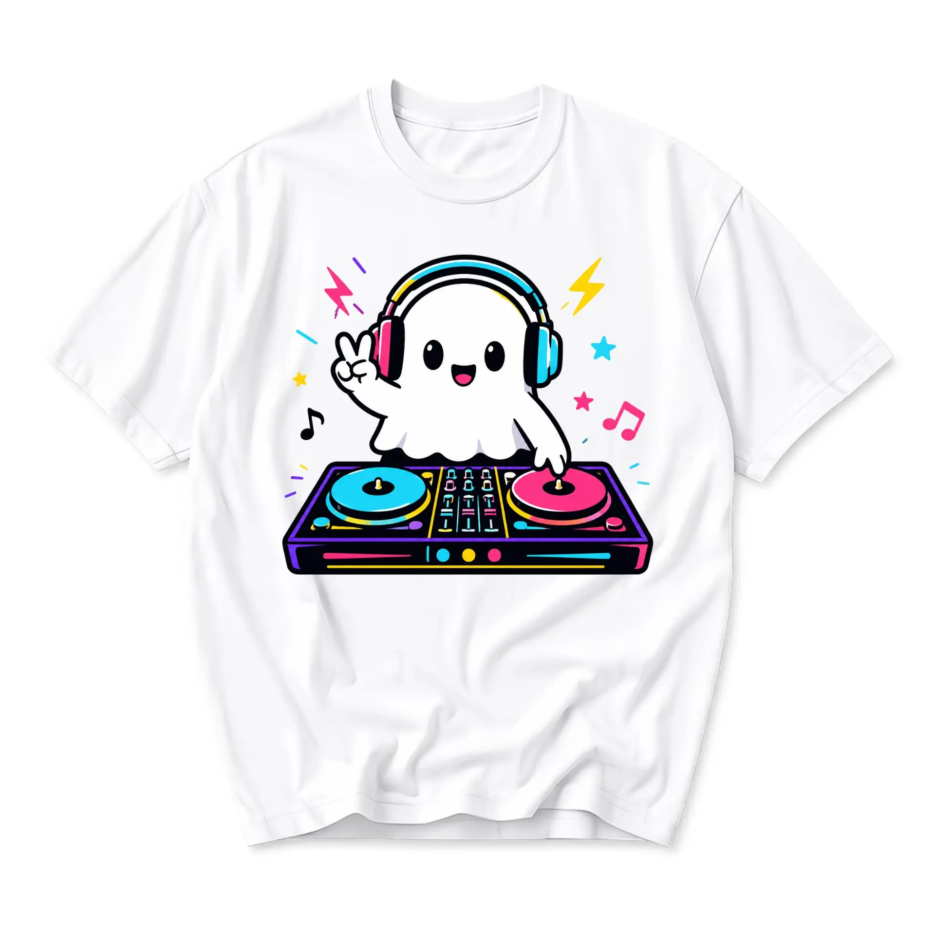Graphic Tee Unisex Crew Neck Short Sleeve Shirt Featuring Cute Dj Ghost Music Producer Design for Casual Everyday Wear