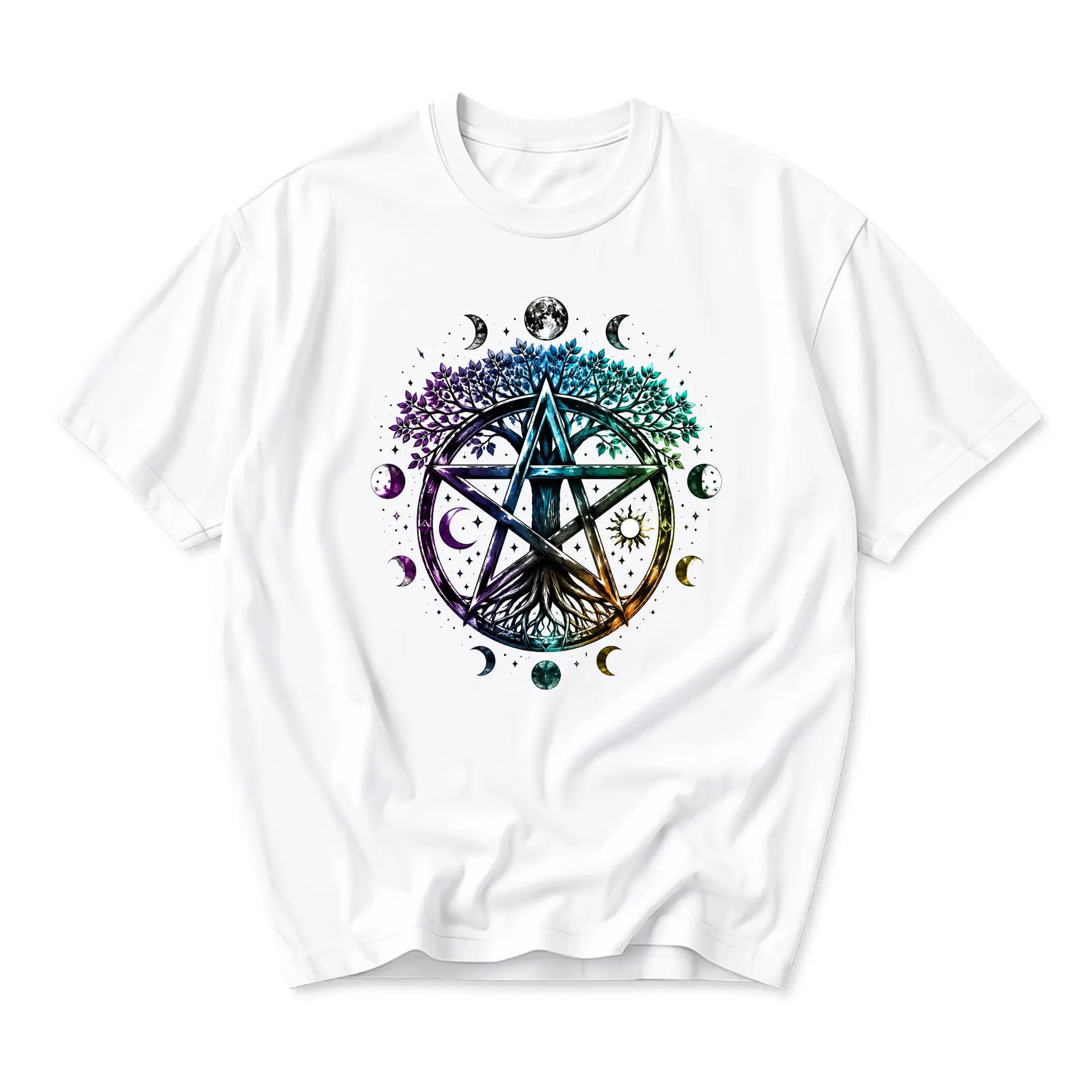Graphic Tee Unisex Tree of Life Pentacle Celestial Moon Phases Print Comfortable Casual Short Sleeve Crew Neck Top