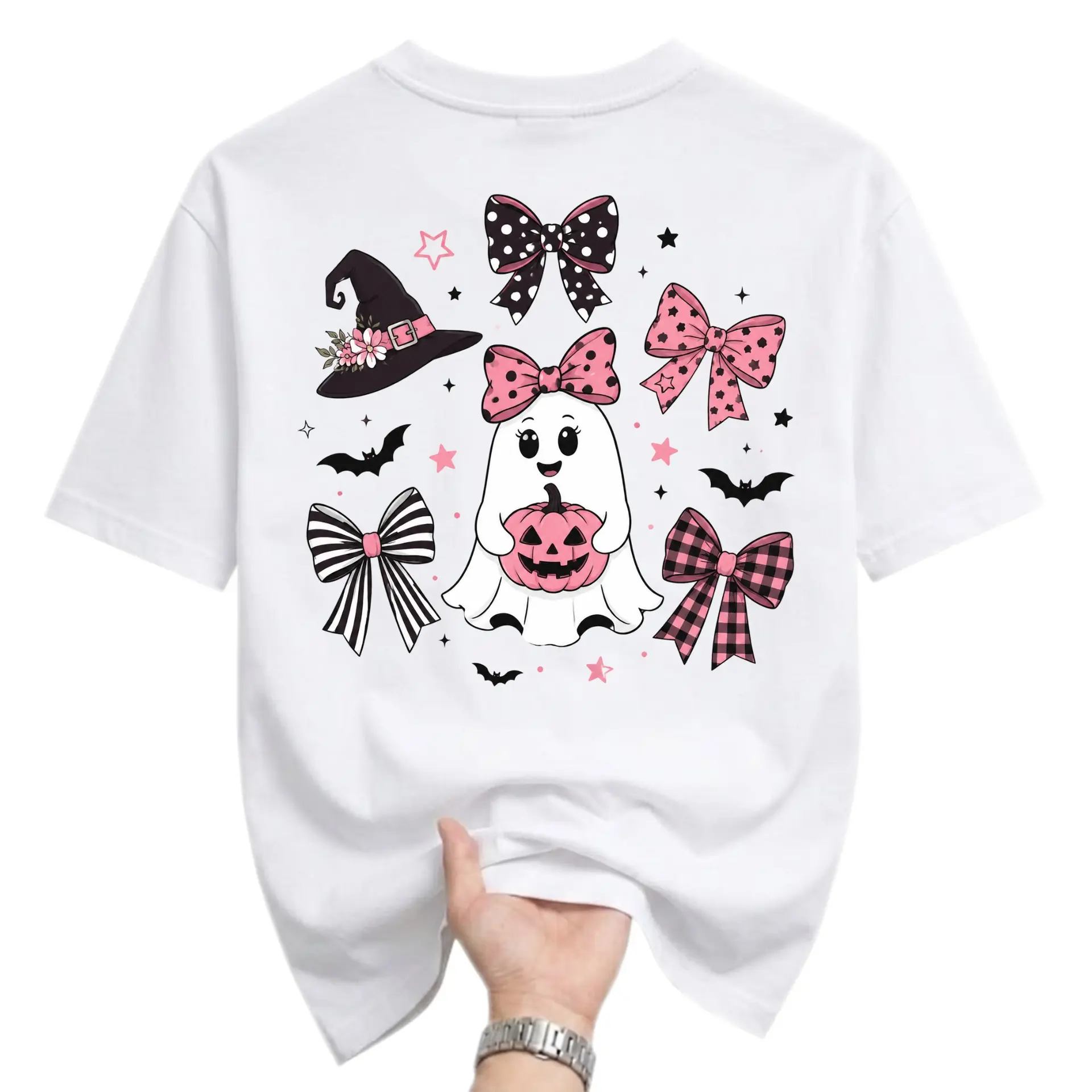 Graphic Tee Cute Ghost Holding Pumpkin with Bows Halloween Apparel Unisex Short Sleeve Casual Holiday Crew Neck Shirt