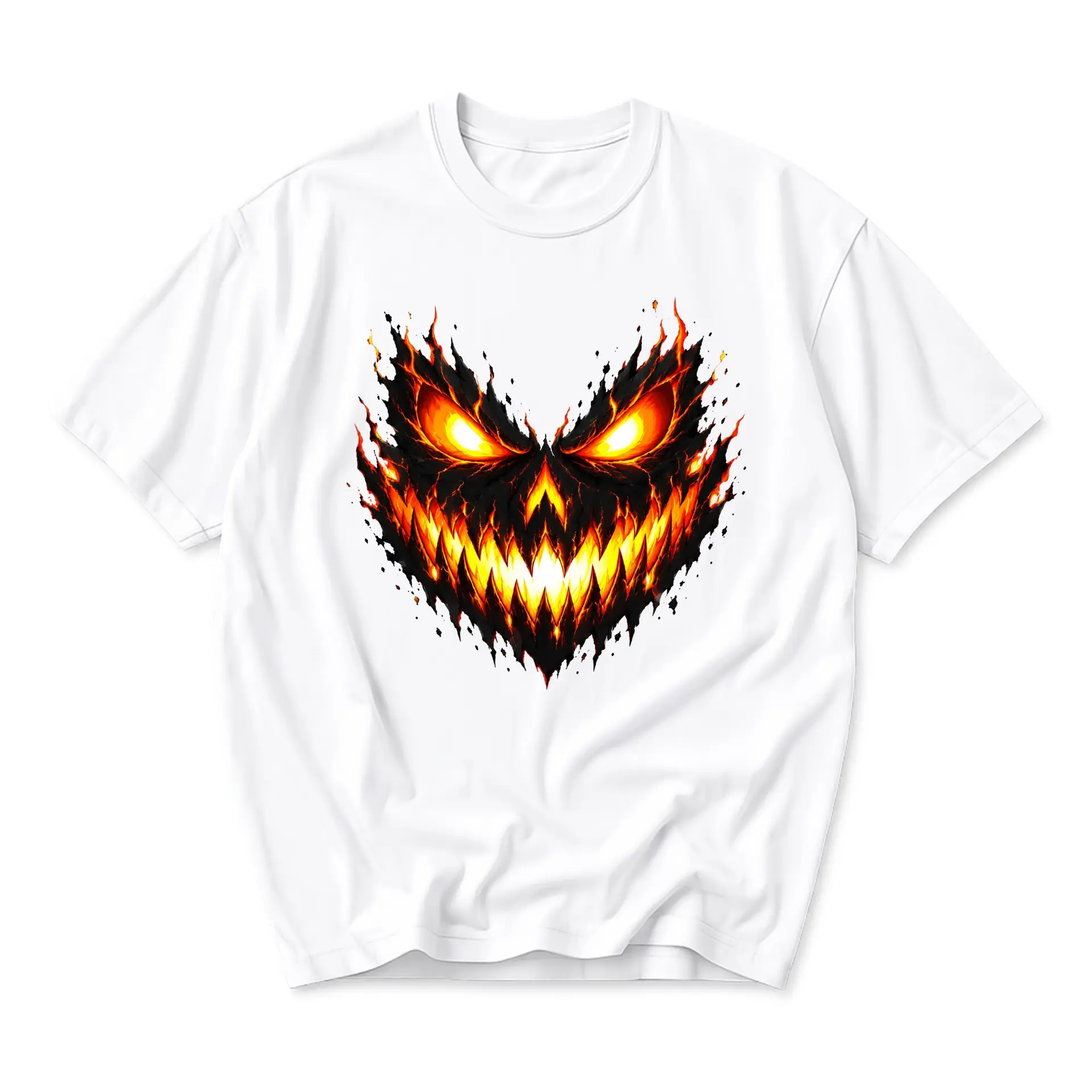 Graphic Tee Unisex Crew Neck Short Sleeve Shirt Featuring Scary Flaming Jack O Lantern Face Print for Seasonal Wear