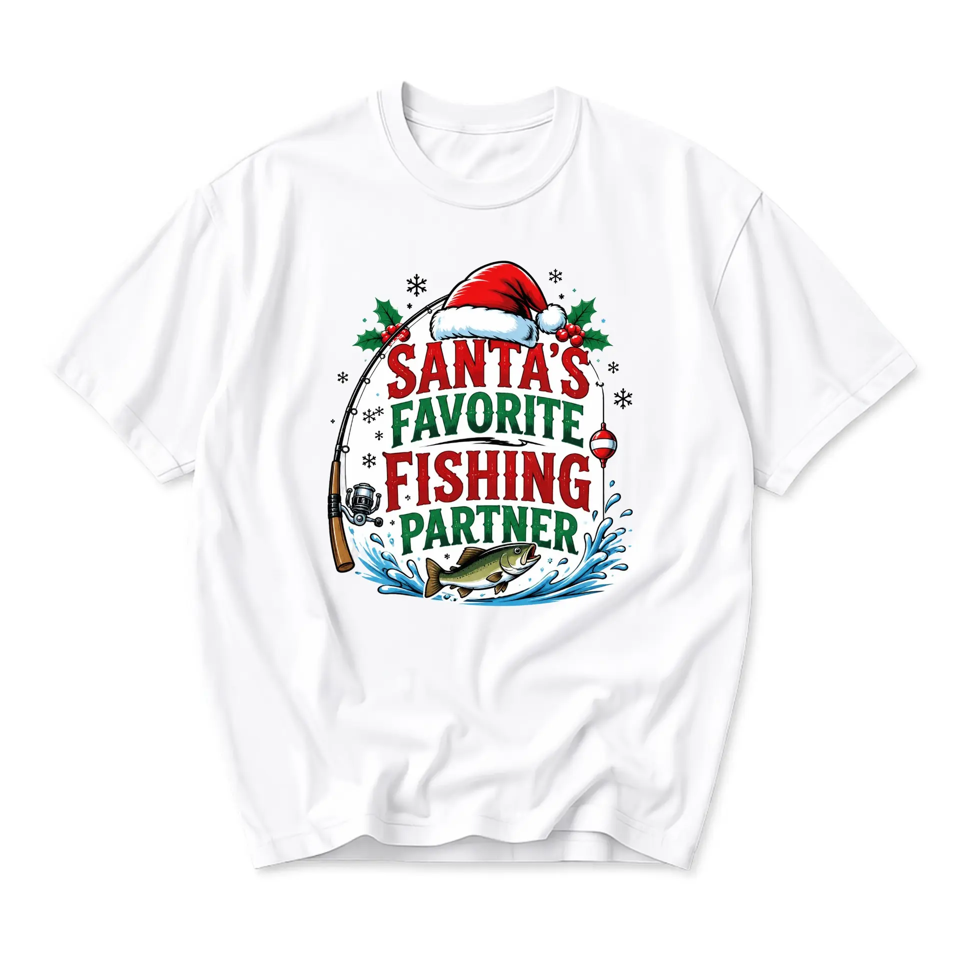 Graphic Tee Santa's Favorite Fishing Partner Holiday Christmas Short Sleeve Unisex Crew Neck Apparel for Casual Wear