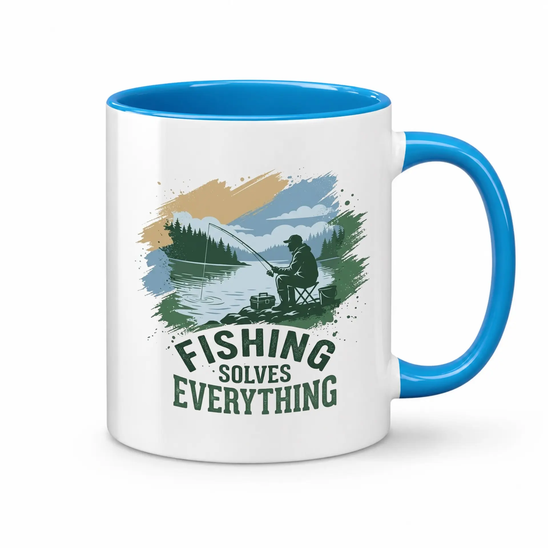 Fishing Solves Everything Two Ceramic Mug for Anglers Funny Outdoor Hobby Coffee Cup with Bright Blue Handle