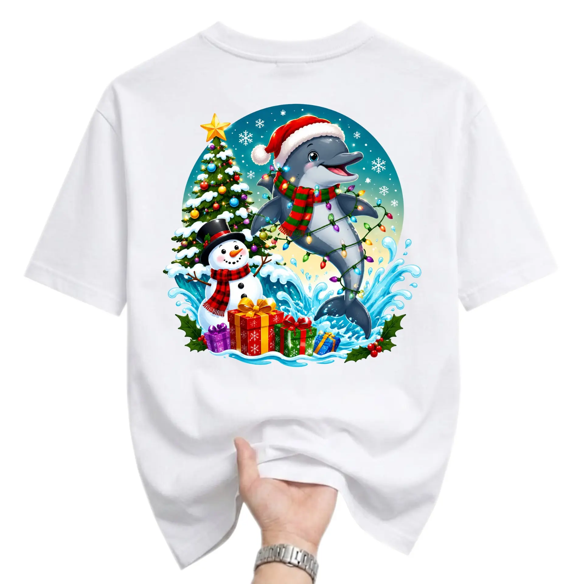 T-shirt Unisex Holiday Graphic Tee Christmas Dolphin Wearing Santa Hat with