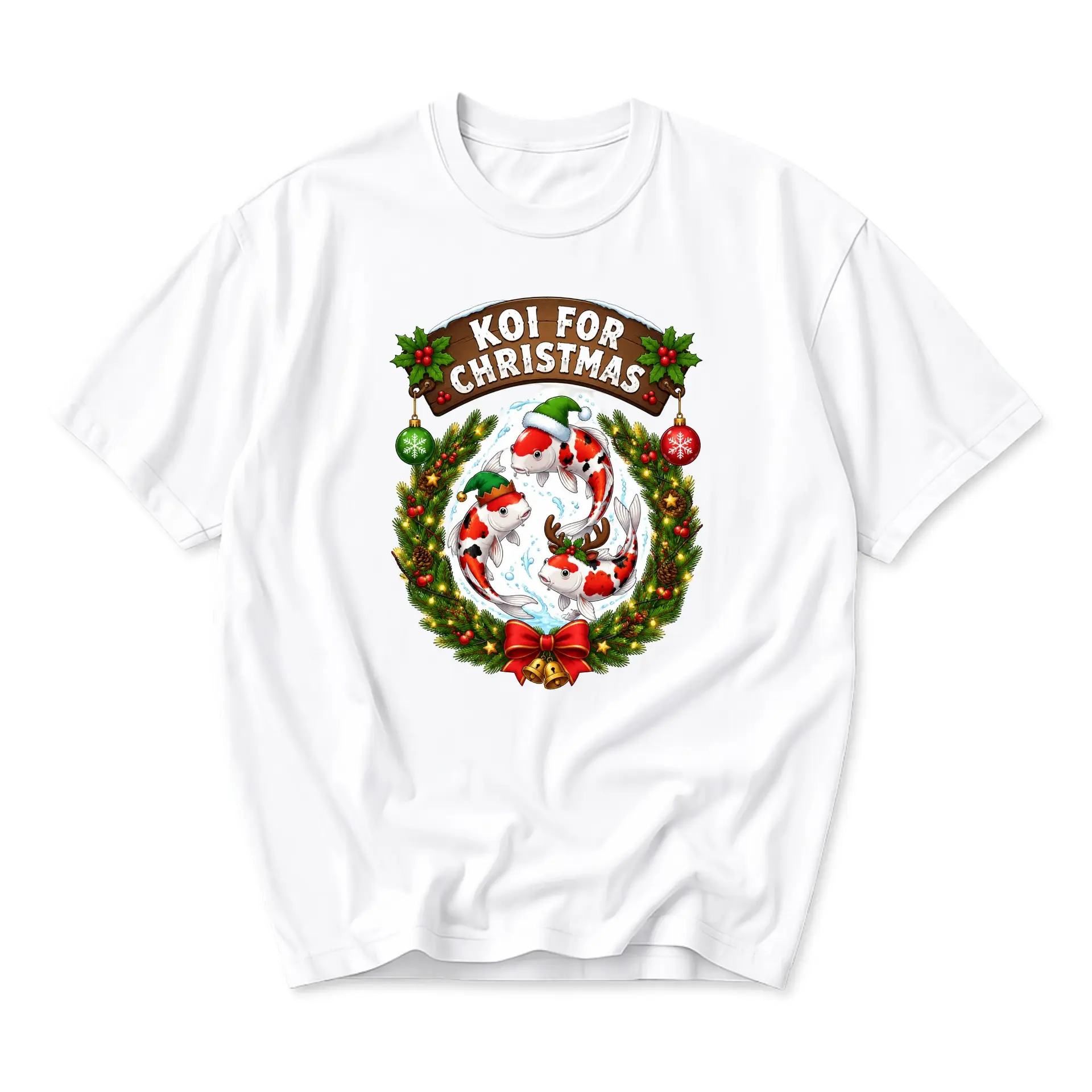 Graphic Tee Koi for Christmas Festive Holiday Fish Design Unisex Crew Neck Soft Cotton Blend Casual Short Sleeve