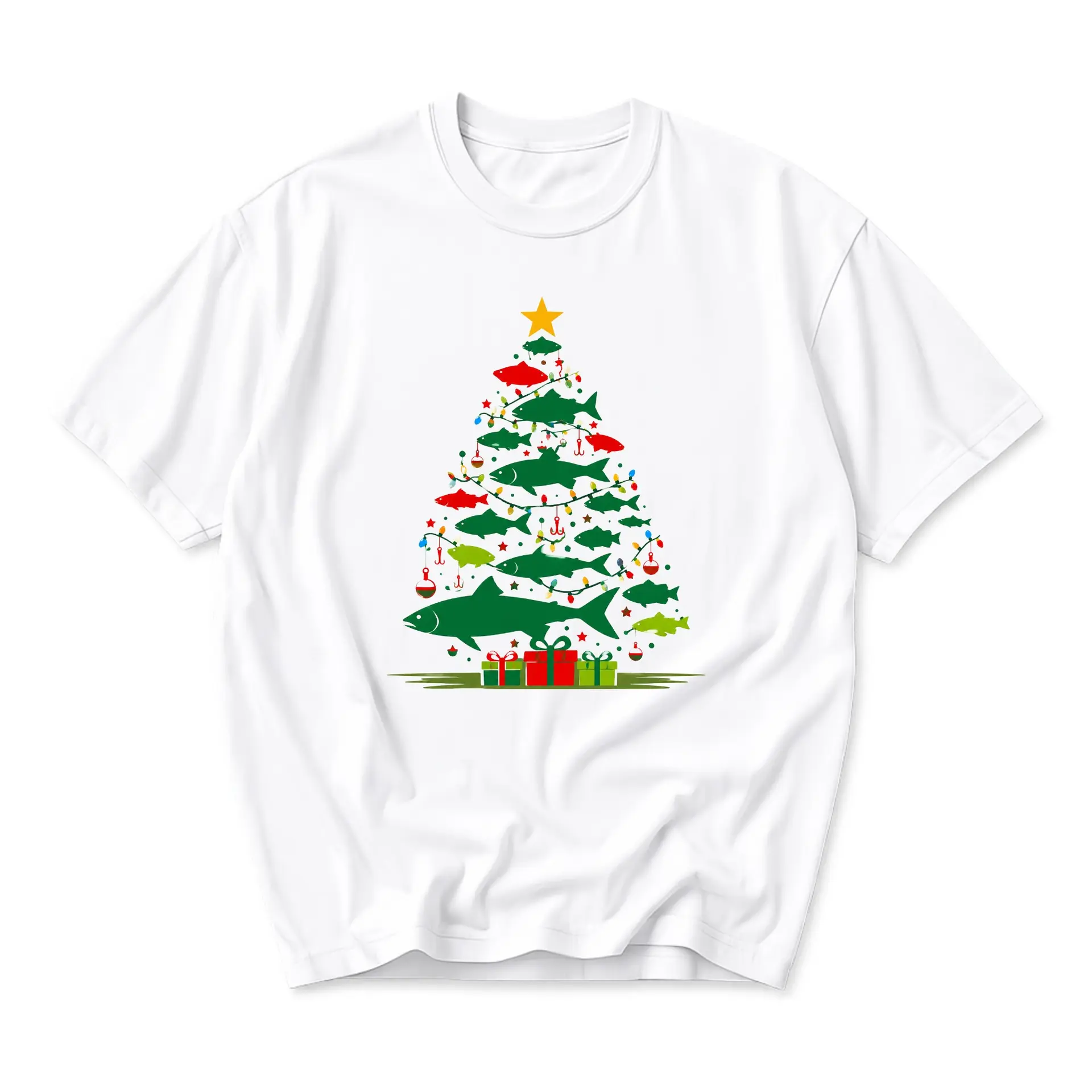 Graphic Tee Unisex Christmas Tree Fishing Theme Holiday Apparel Seasonal