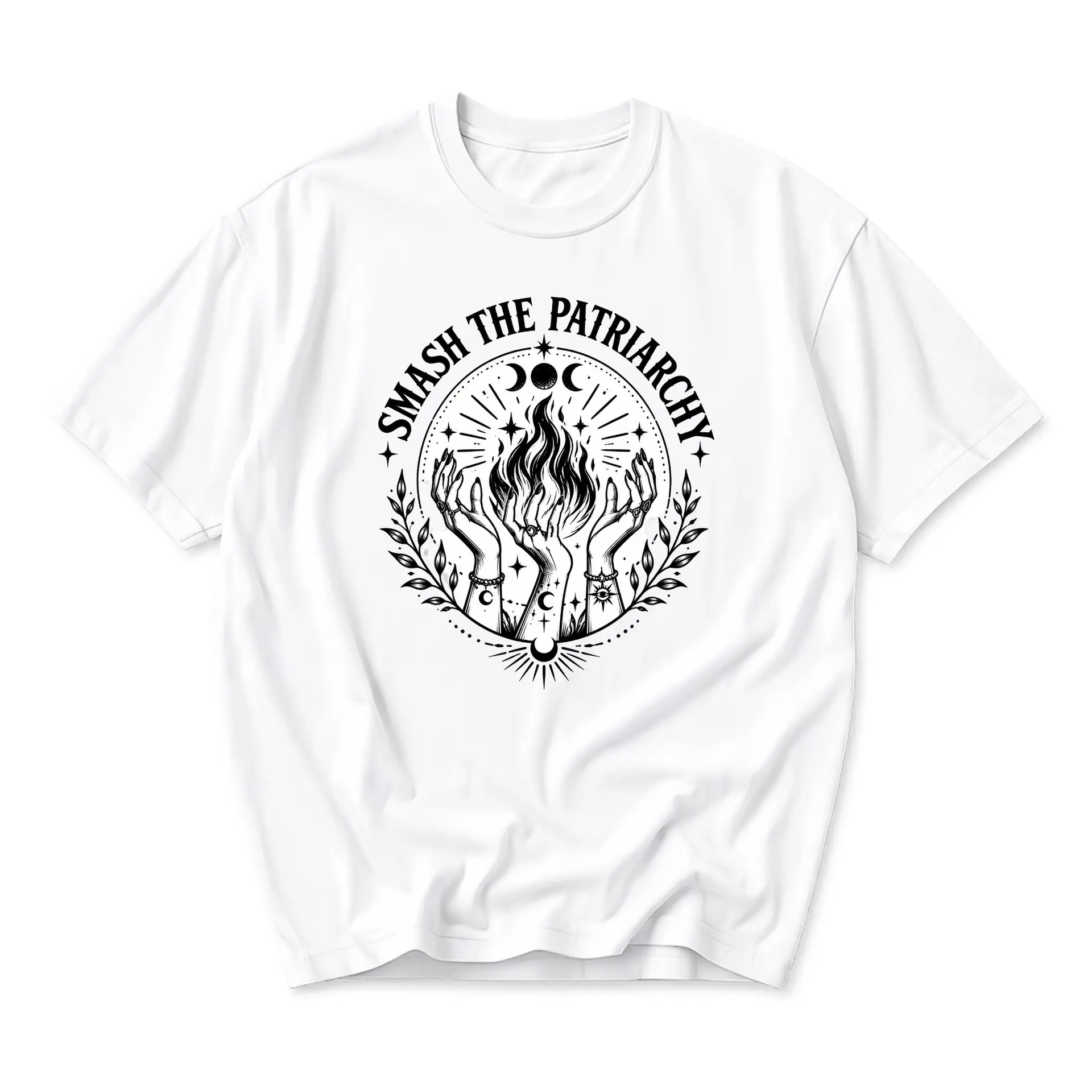 Graphic Tee Unisex Crew Neck T-Shirt Featuring Celestial Occult Style Smash the Patriarchy Flame Hands Illustration