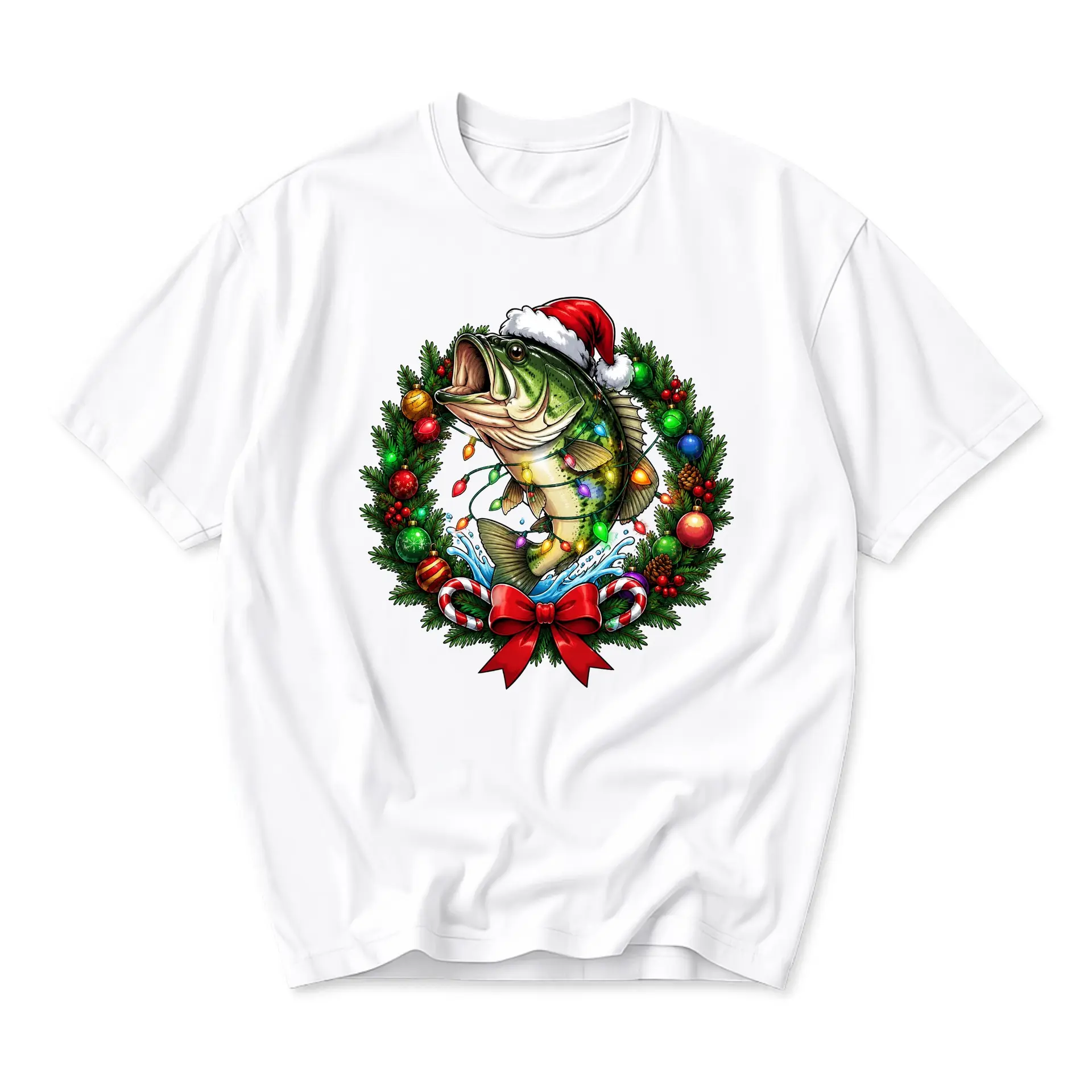 Graphic Tee Unisex Crew Neck T-Shirt Featuring Fish Wearing Santa Hat Wrapped in Christmas Lights Holiday Wreath