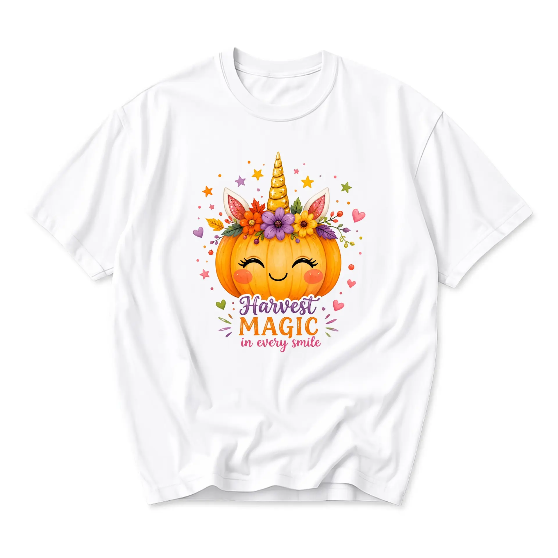 Funny Shirt Harvest Magic Unicorn Pumpkin Graphic Tee Unisex Crew Neck Short Sleeve Casual Autumn Fashion Holiday Top