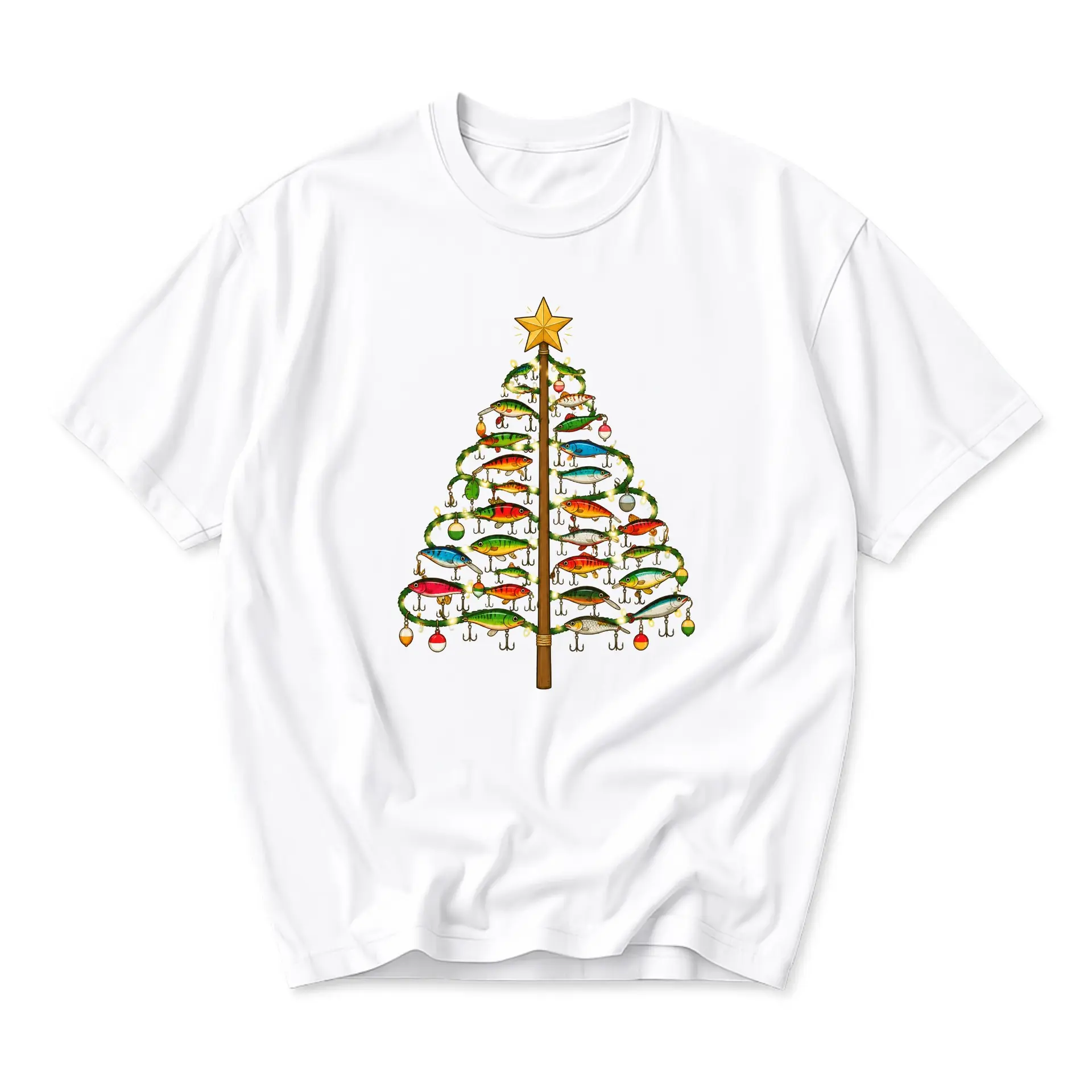 Funny Shirt Christmas Tree Made of Fishing Lures Graphic Tee Unisex Casual Crew Neck Soft Cotton Blend Summer Apparel