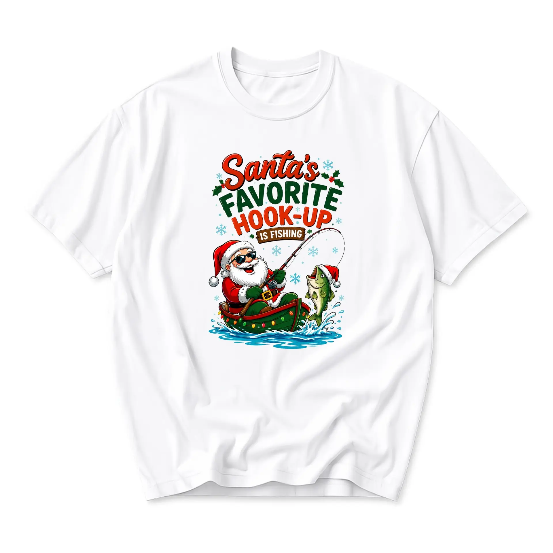 Funny Shirt Santa's Favorite Hook-Up Is Fishing Graphic Tee Unisex Casual Short Sleeve Crew Neck Holiday Top