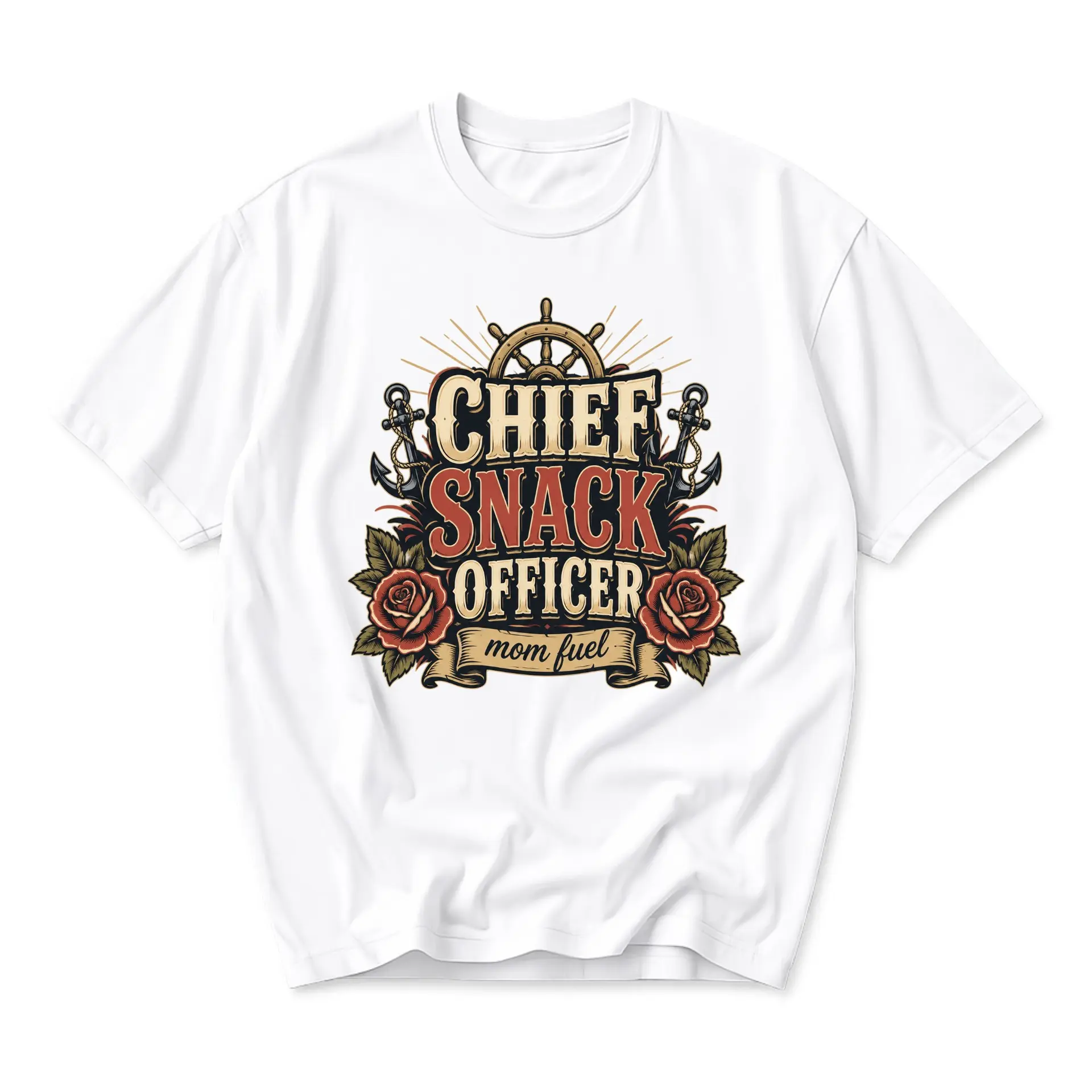 Funny Shirt Chief Snack Officer Mom Fuel Graphic Tee Nautical Themed Rose Illustration Unisex Casual Crew Neck Top