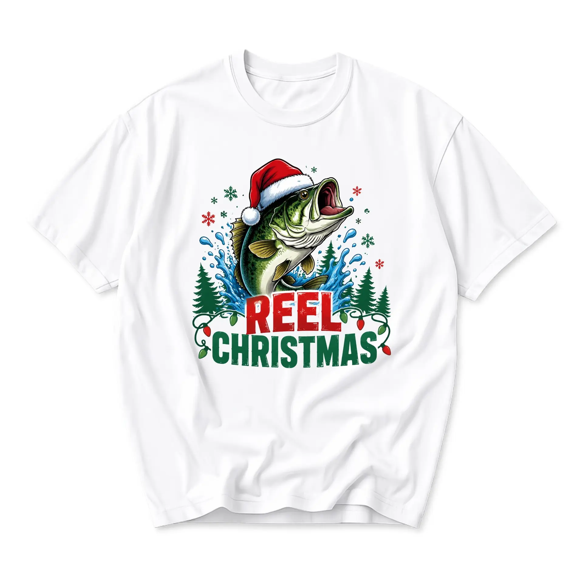 Funny Shirt Reel Christmas Fishing Graphic Tee Holiday Season Crew Neck