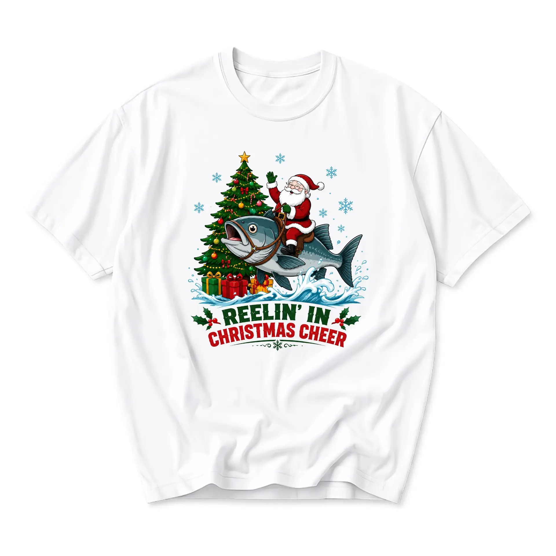 Funny Shirt Reelin in Christmas Cheer Graphic Tee Featuring Santa Claus Riding a Giant Fish Holiday Seasonal Apparel