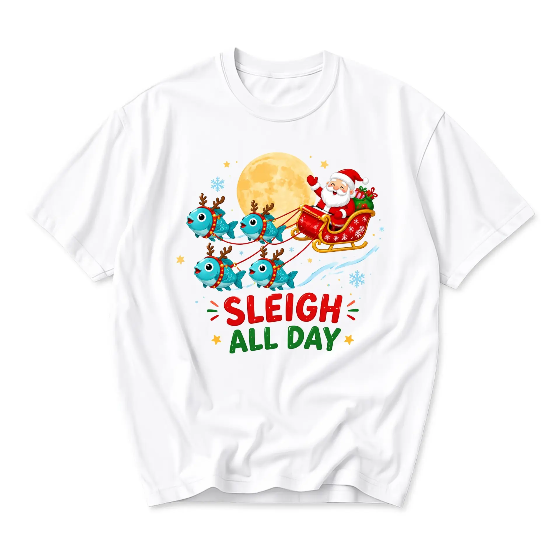Funny Shirt Sleigh All Day Graphic Tee Featuring Santa Claus and Fish