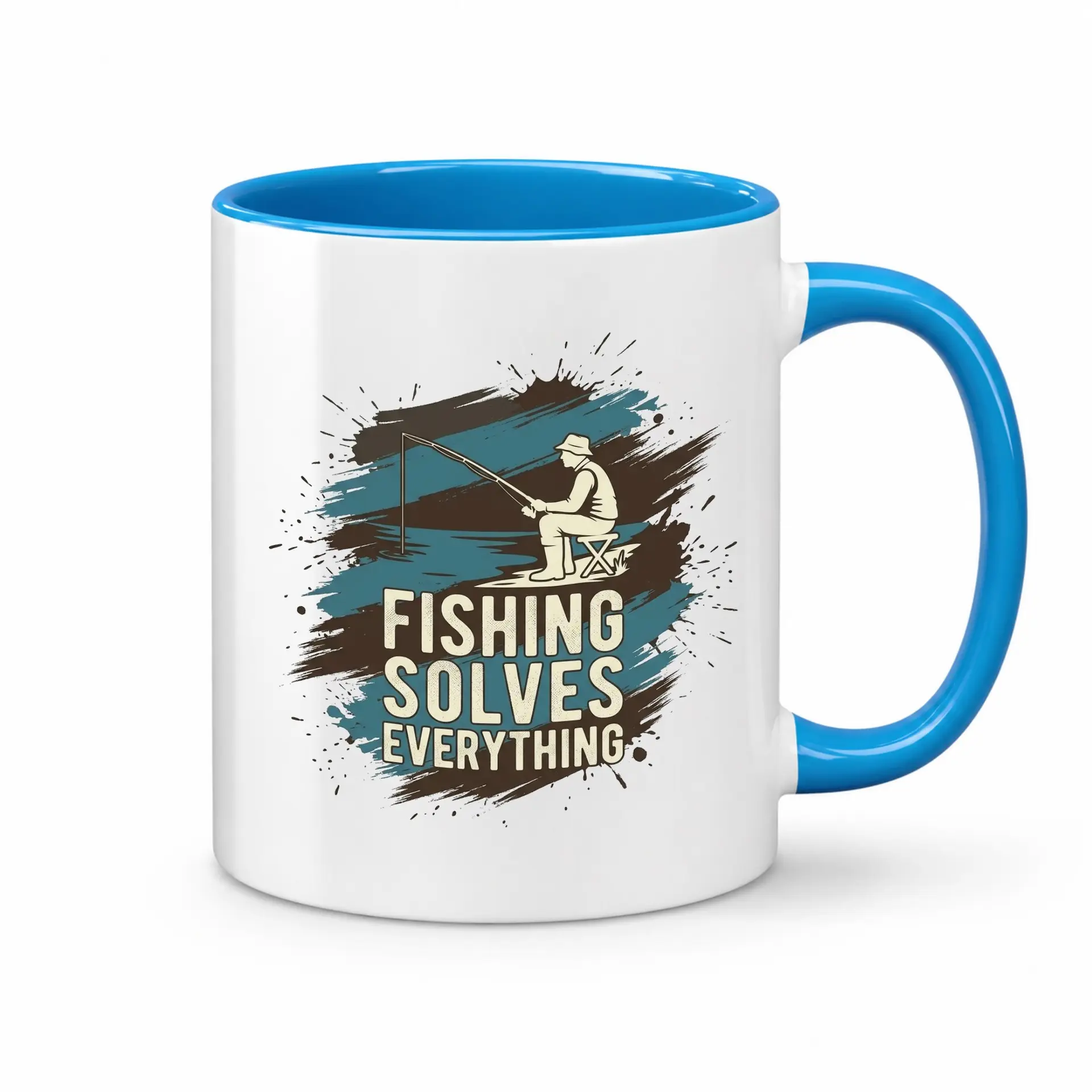 Fishing Solves Everything Two Ceramic Mug for Outdoors Lovers Featuring Artistic Fisherman Silhouette Graphic Design