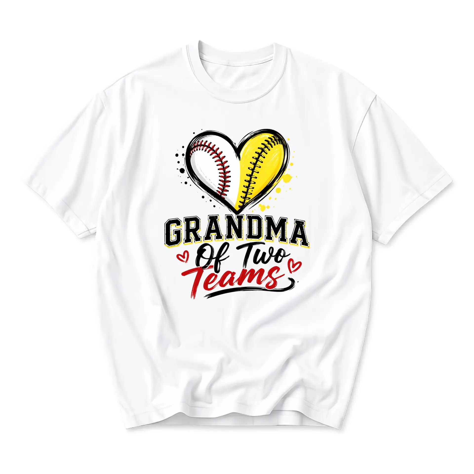 Graphic Tee Grandma of Two Teams Heart Baseball and Softball Sports Shirt Unisex Crew Neck Everyday Casual Apparel