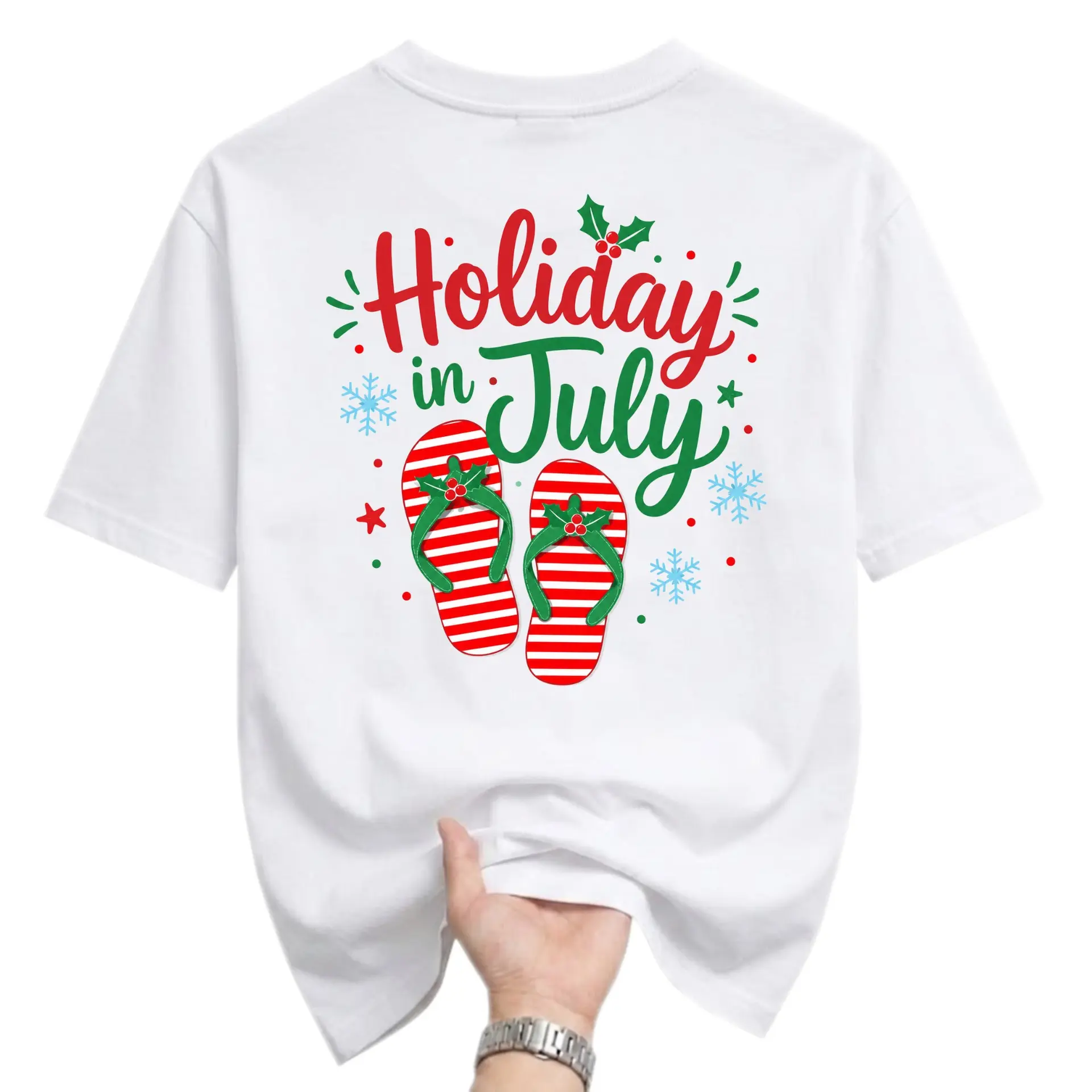 Graphic Tee Holiday in July Unisex Crew Neck T-Shirt Seasonal Summer Christmas Red and Green Flops Print Top
